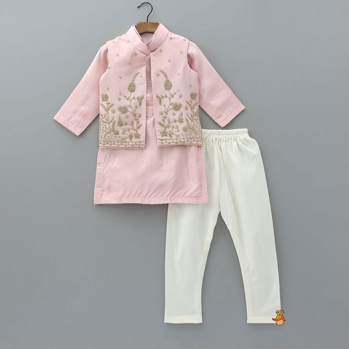 Silk Kurta With Shimmery Front Open Embroidered Jacket And Churidar