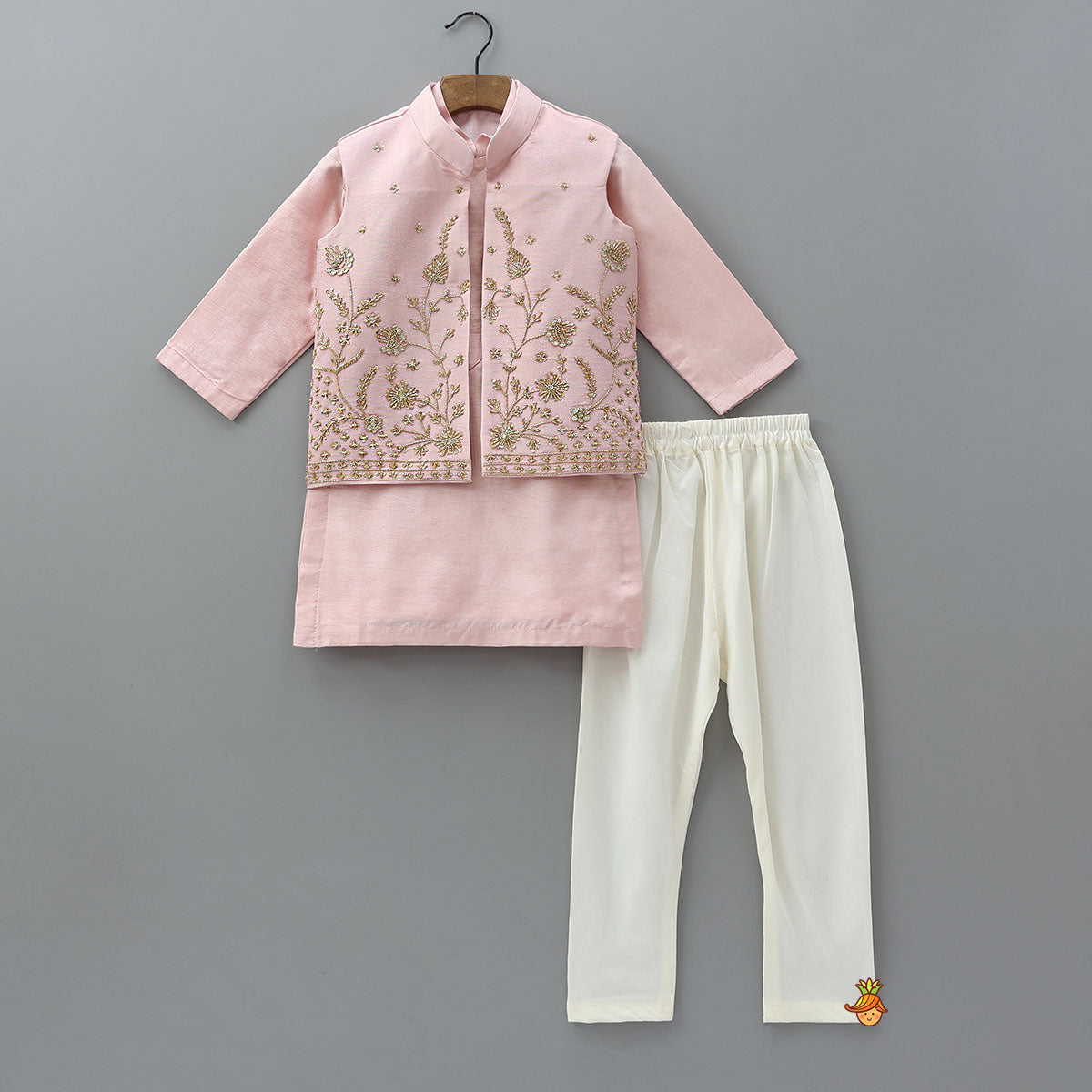 Silk Kurta With Shimmery Front Open Embroidered Jacket And Churidar