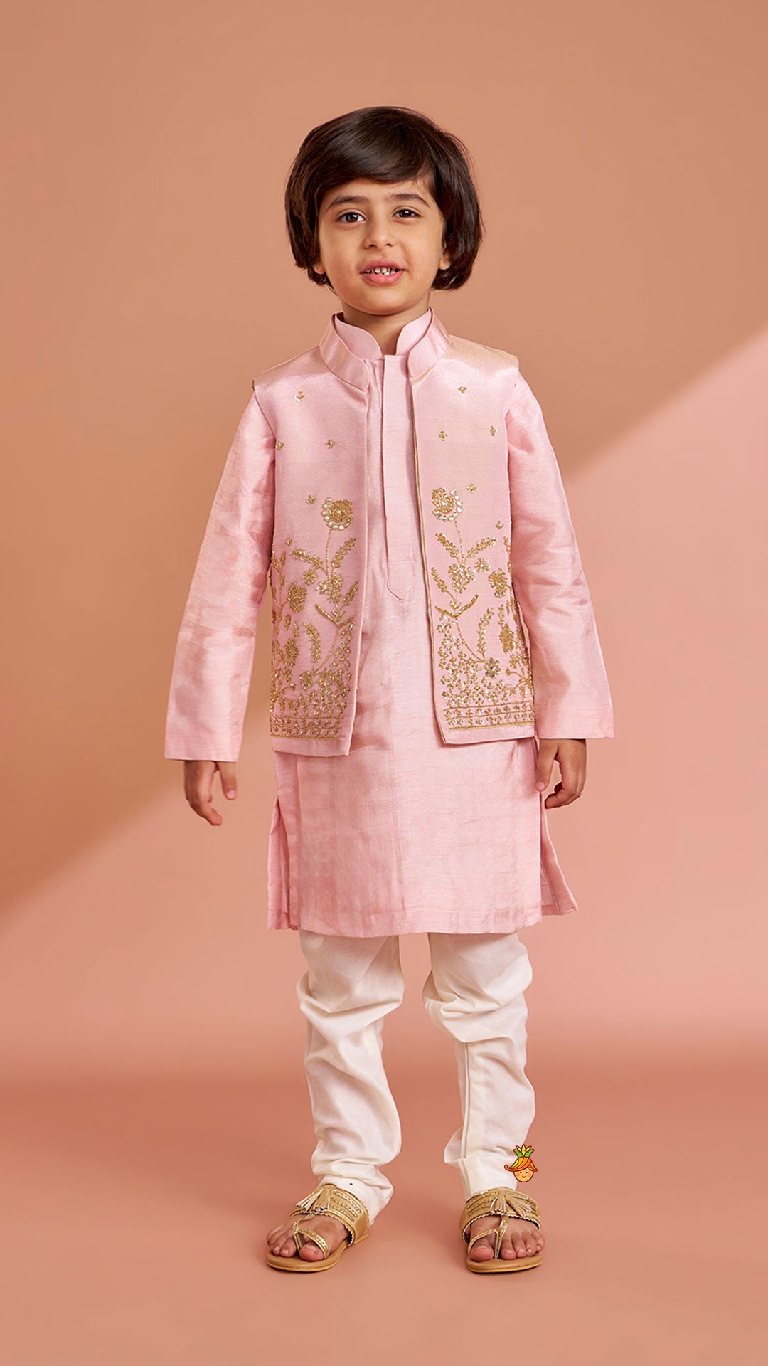 Pink Silk Kurta With Shimmery Pink Front Open Embroidered Jacket And Churidar
