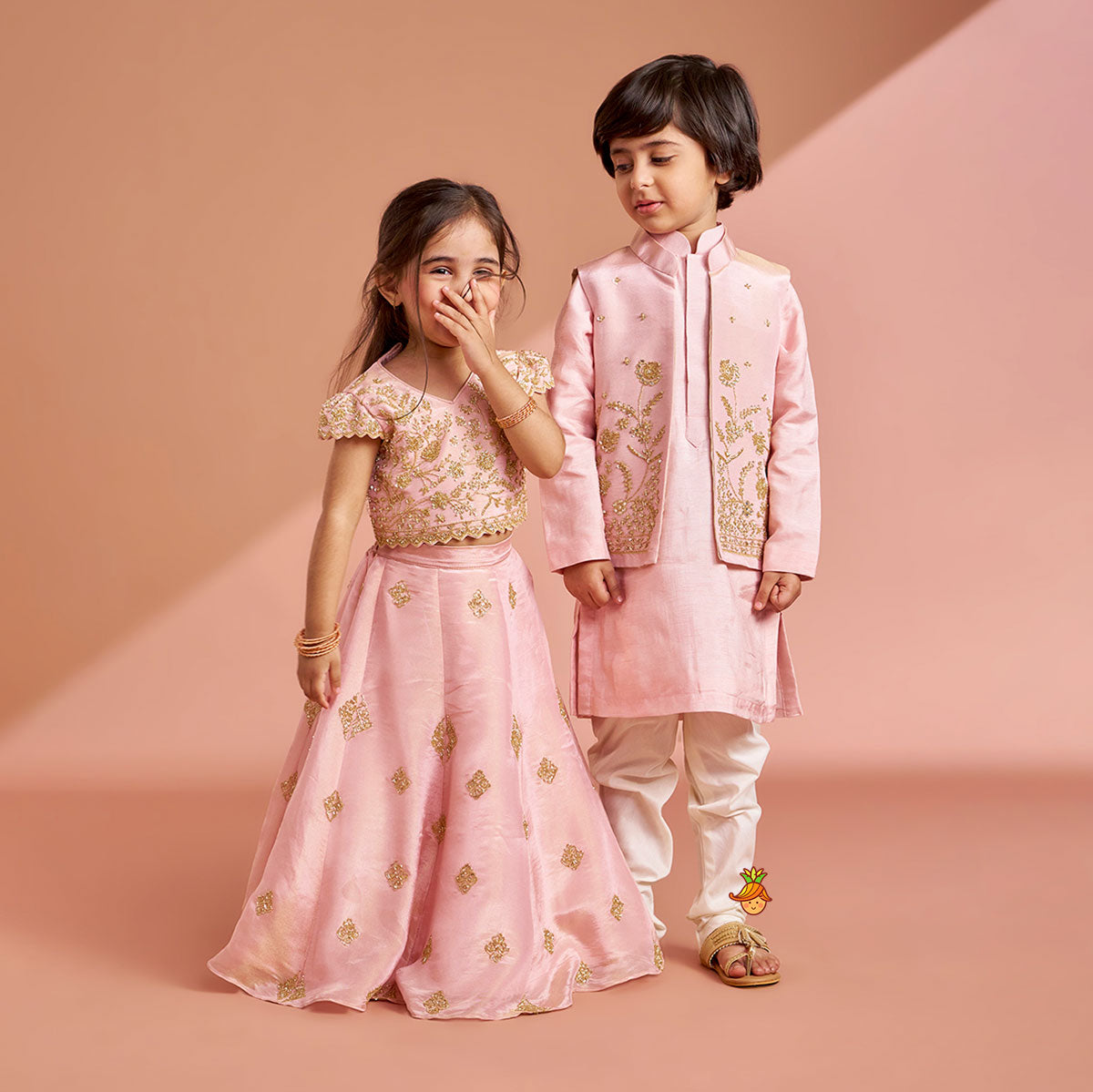 Pink Silk Kurta With Shimmery Pink Front Open Embroidered Jacket And Churidar twinning model image 2