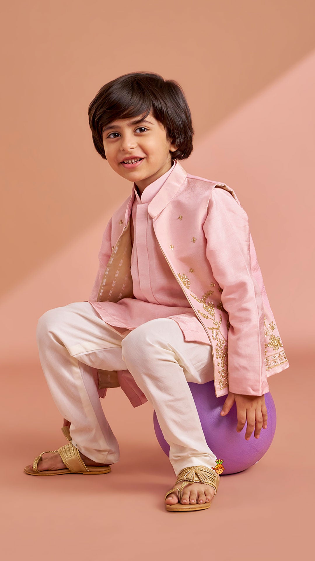 Pink Silk Kurta With Shimmery Pink Front Open Embroidered Jacket And Churidar