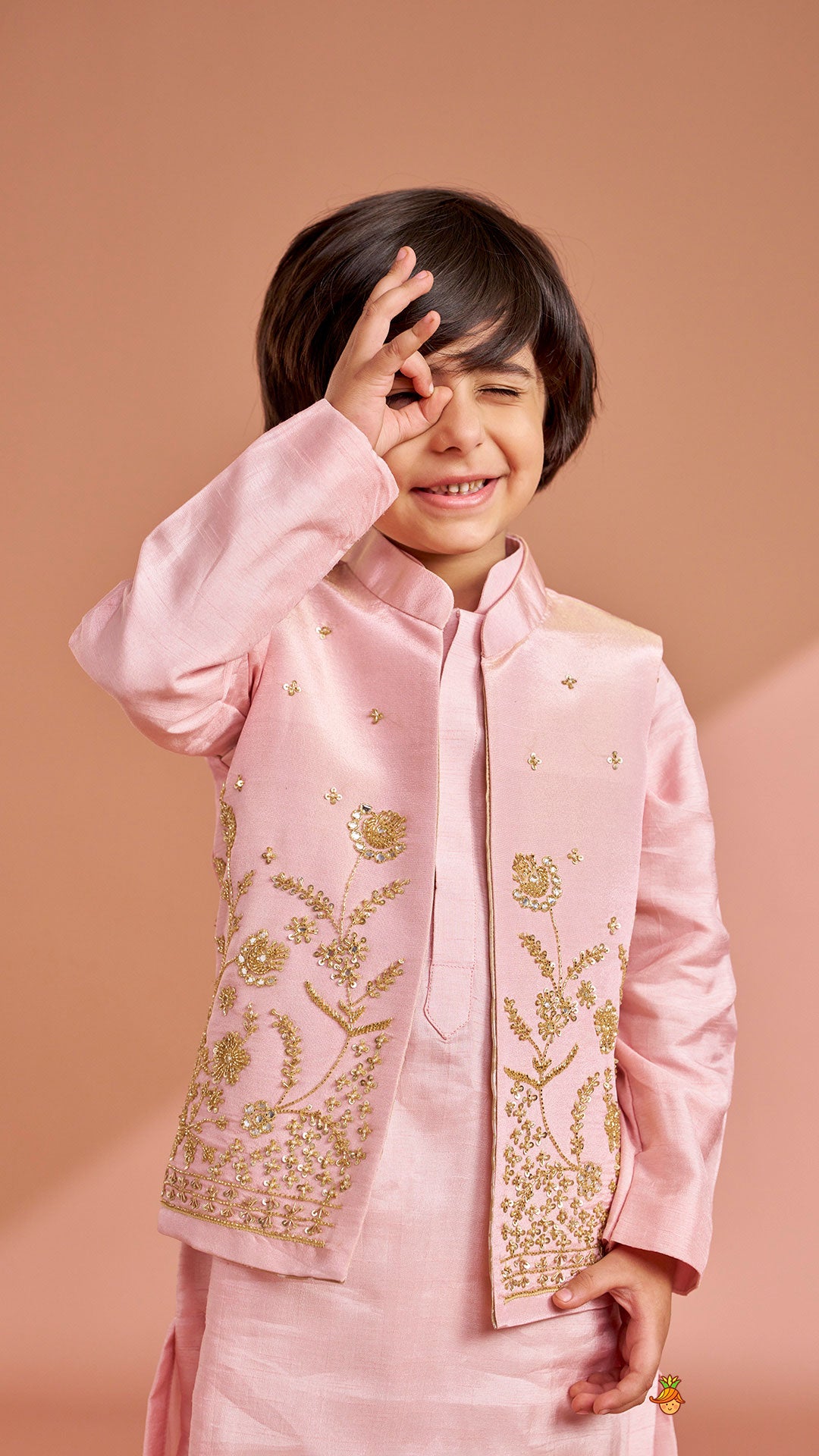Pink Silk Kurta With Shimmery Pink Front Open Embroidered Jacket And Churidar