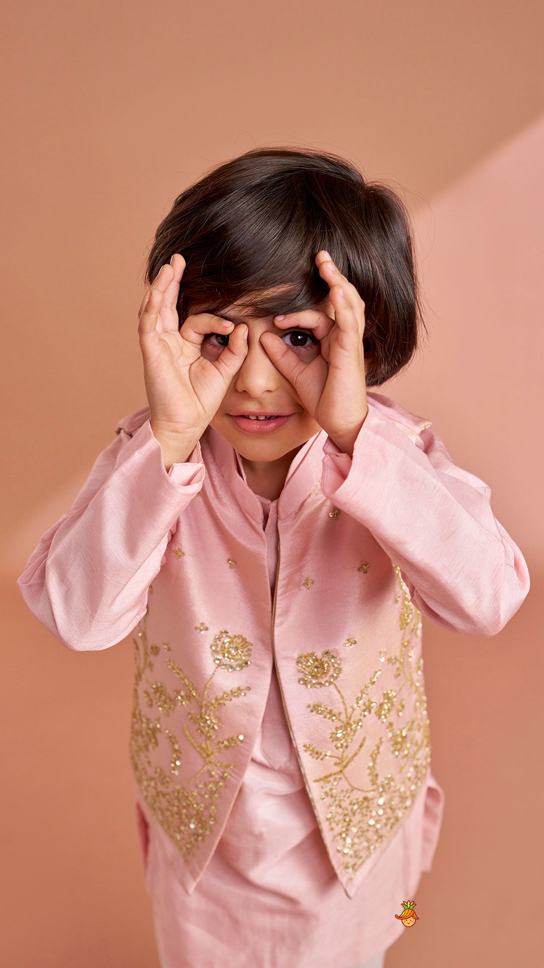 Pink Silk Kurta With Shimmery Pink Front Open Embroidered Jacket And Churidar