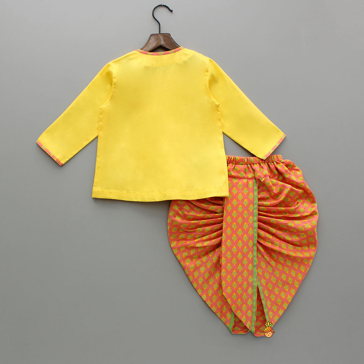 Front-Open Yellow Kurta With Mor Pankh Printed Dhoti