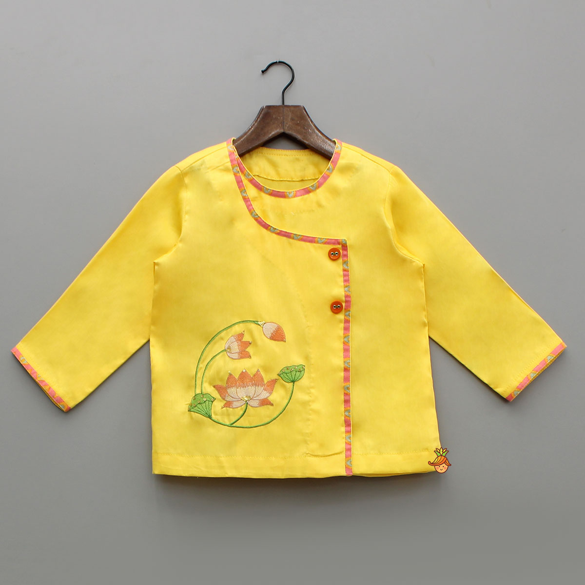 Front-Open Yellow Kurta With Mor Pankh Printed Dhoti