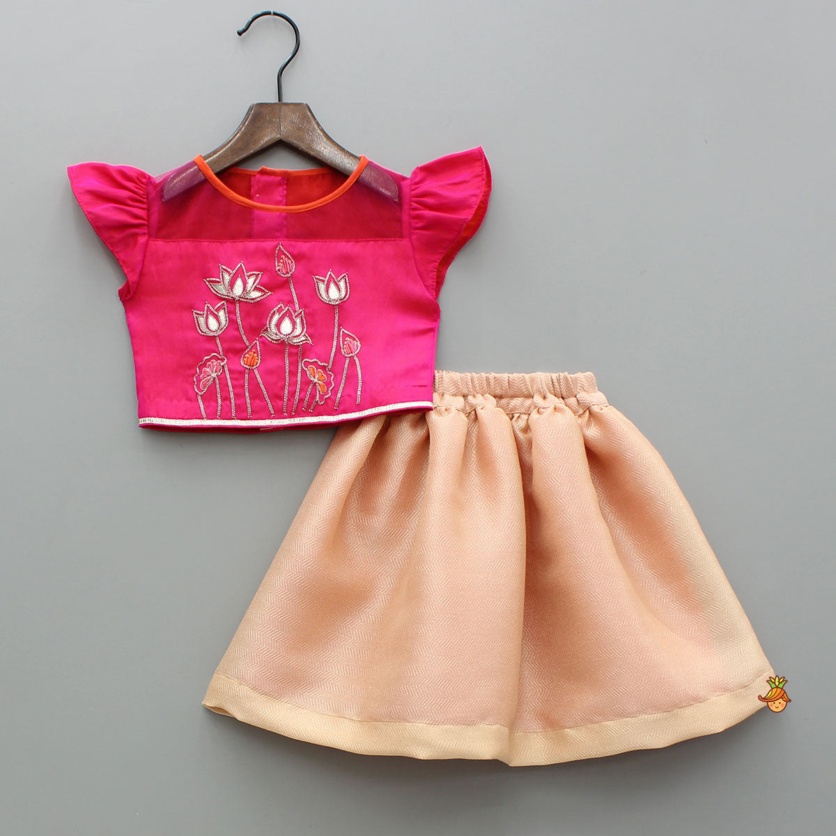 Lotus Embroidered Pink Top And Peach Lehenga