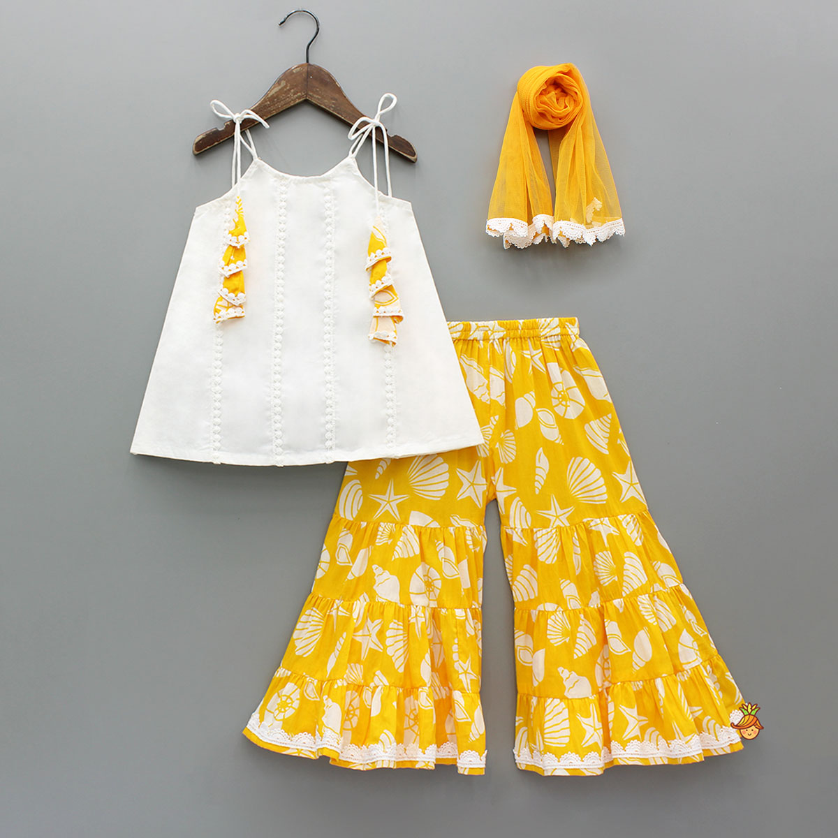 Strappy Kurti With Printed Sharara And Dupatta