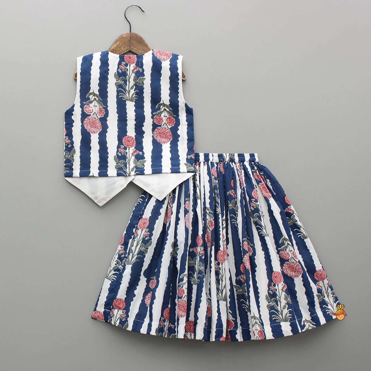 Blue And White Floral Printed Waistcoat Style Top With Skirt