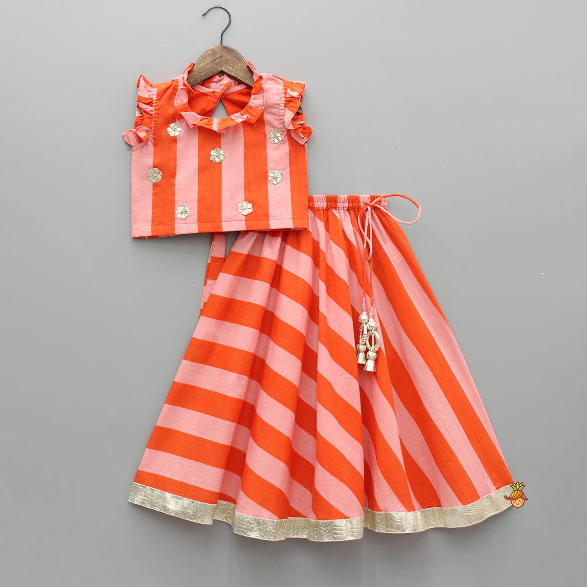Orange Pink Striped Floral Top With Matching Lehenga