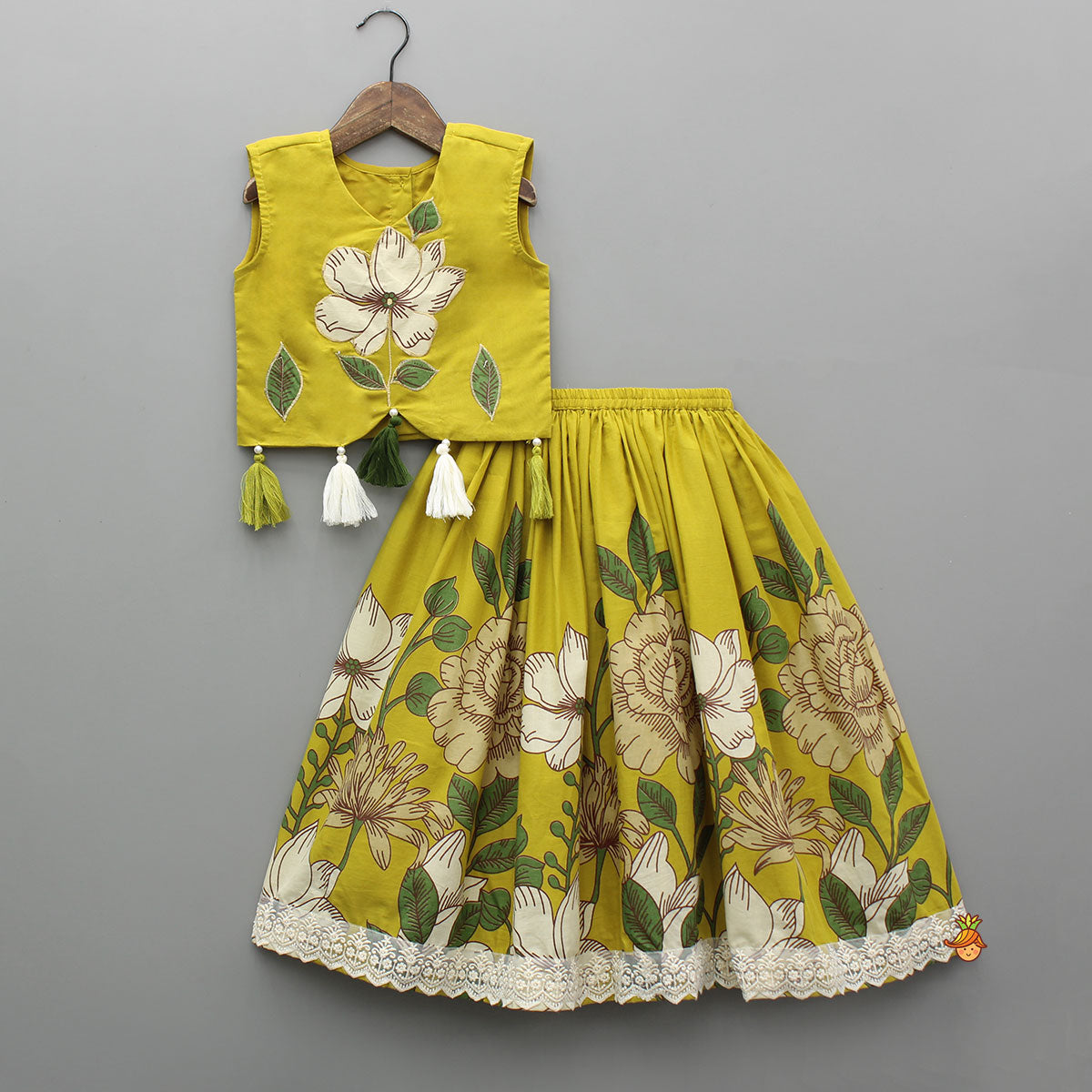 Mustard Yellow Floral Crop Top and Lehenga
