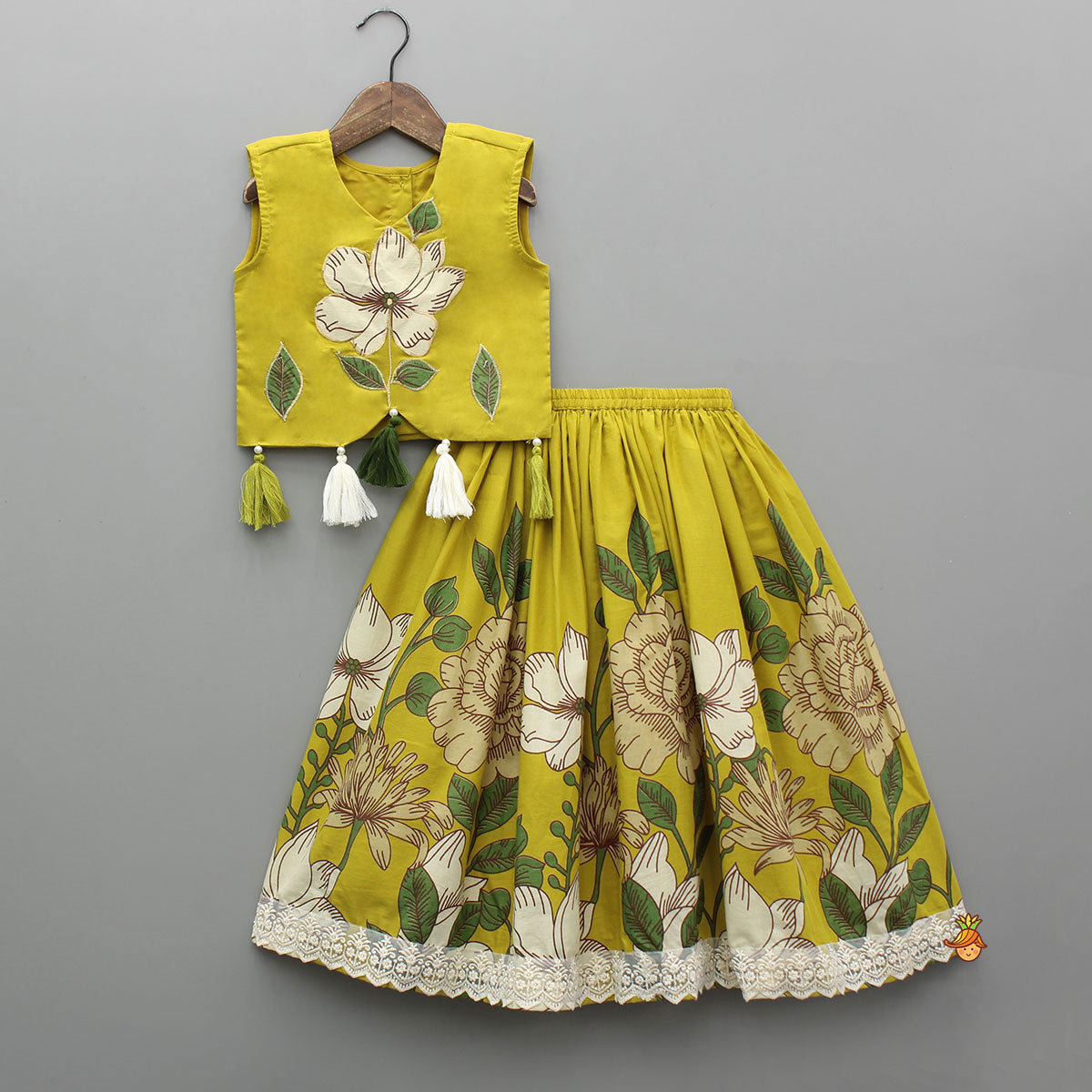 Mustard Yellow Floral Crop Top and Lehenga