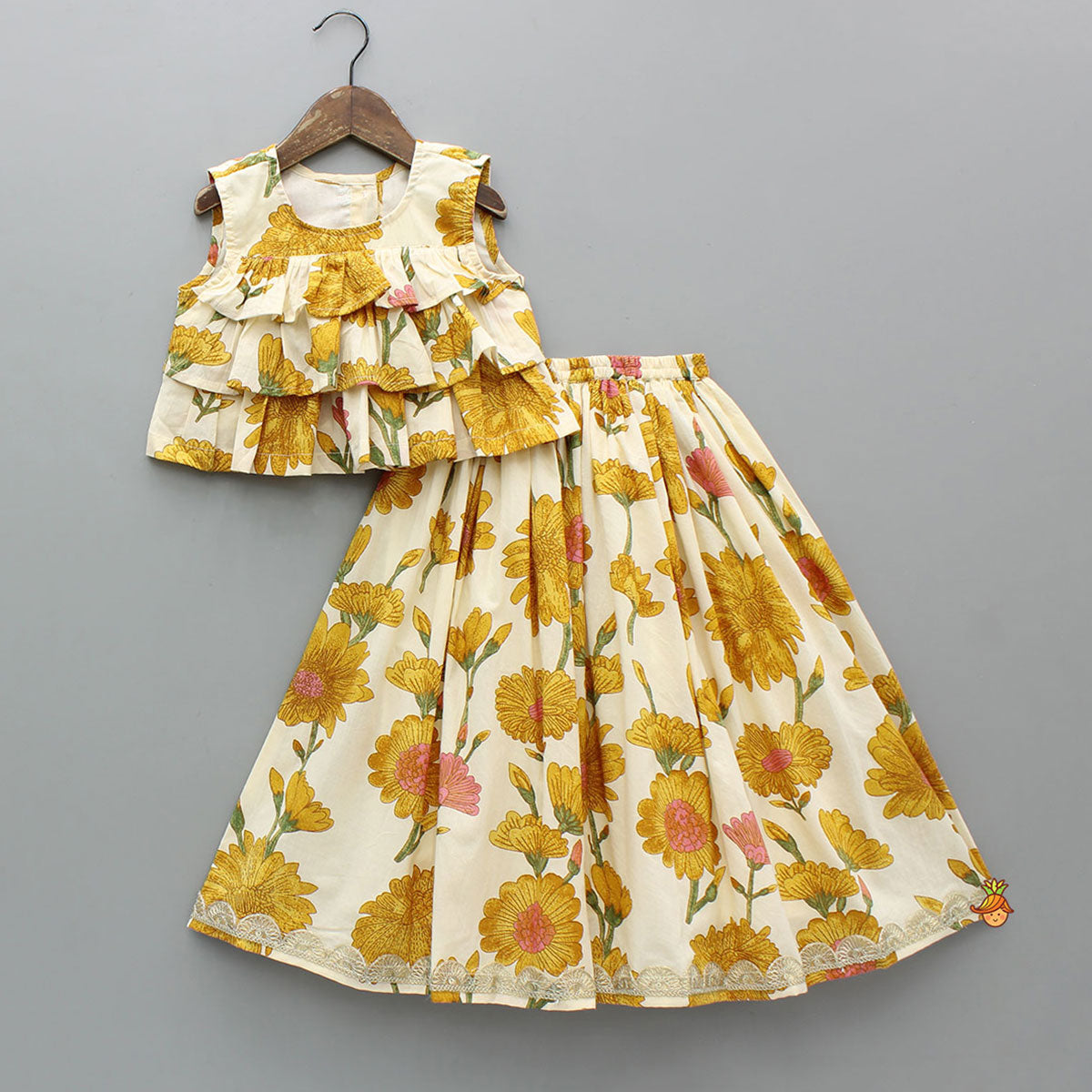 Floral Printed Sleeveless Ruffled Top With Matching Lehenga