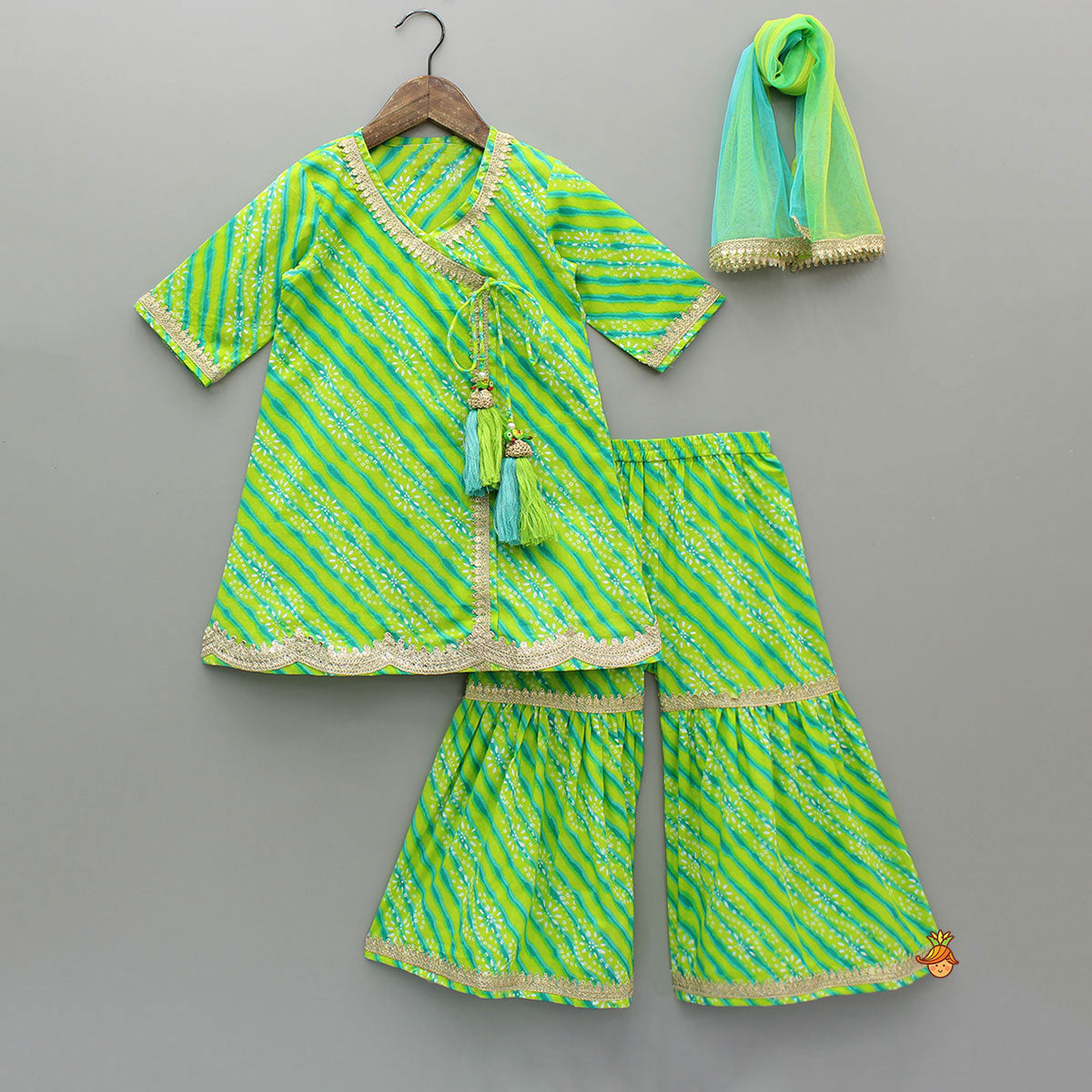 Leheriya And Bandhani Printed Green Kurti With Sharara And Dual-Tone Dupatta