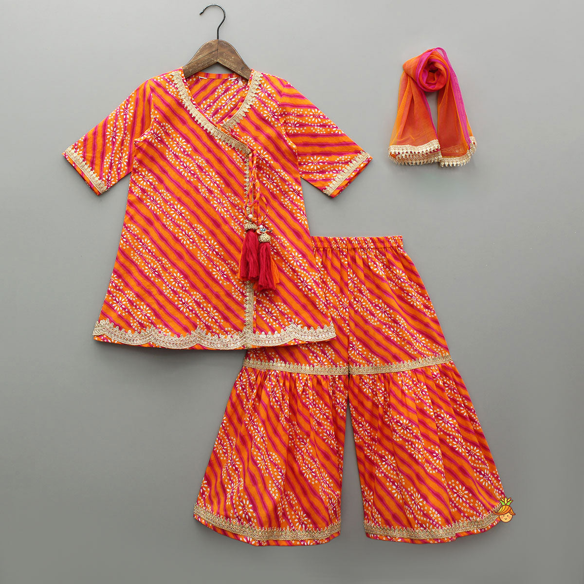 Bandhani Printed Faux Angarkha Style Leheriya Kurti With Sharara And Dupatta