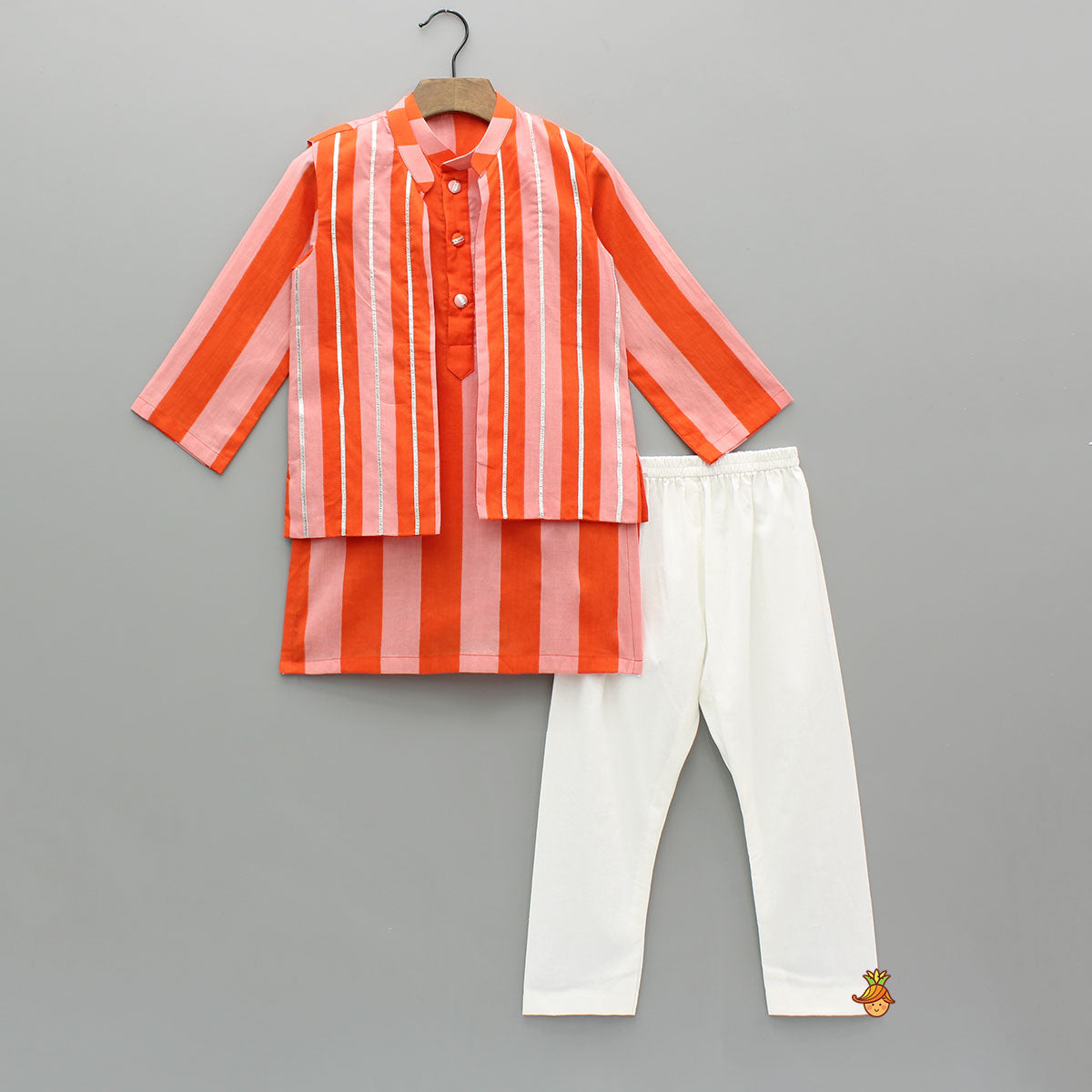 Pink And Orange Striped Kurta With Matching Jacket And Off White Pyjama