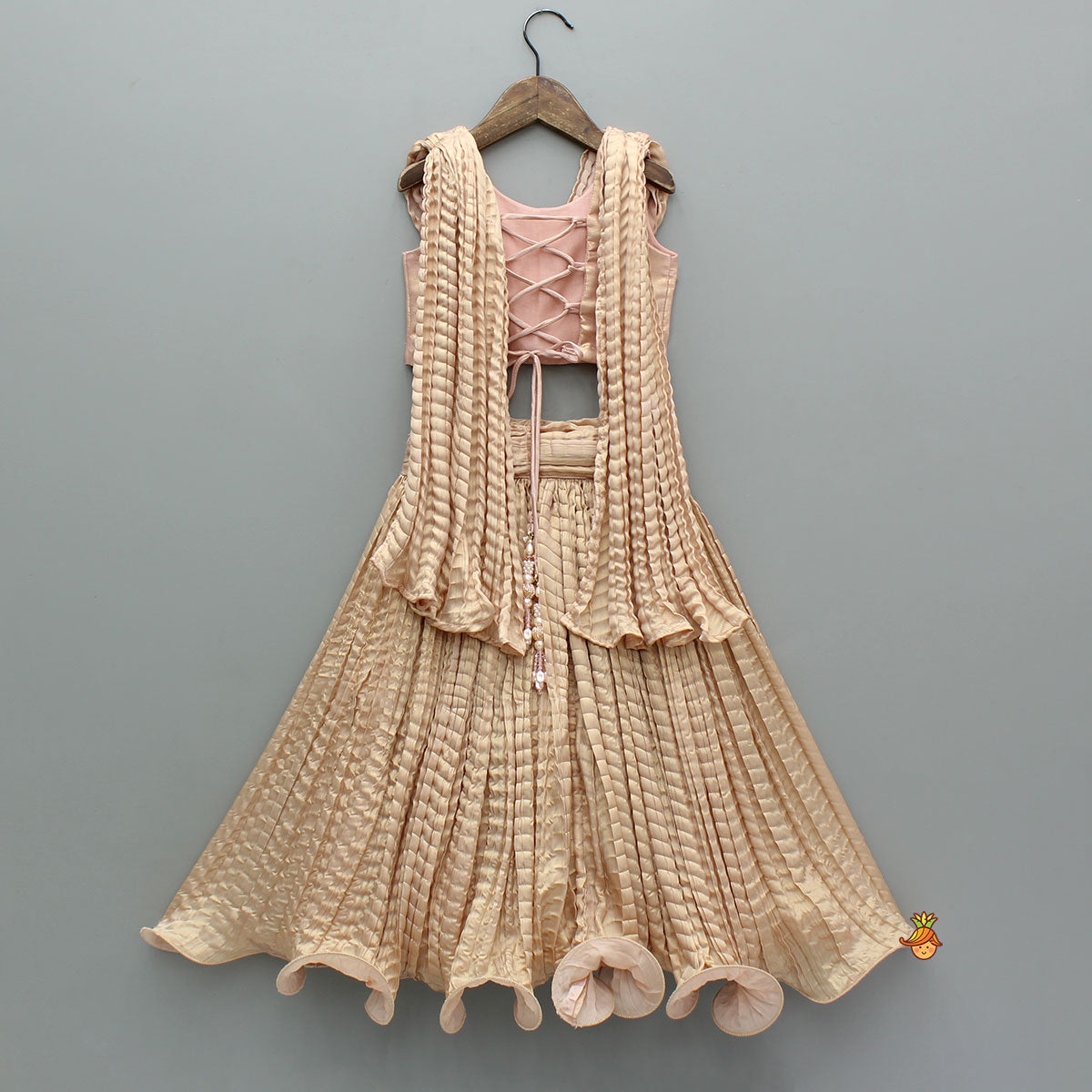 Gorgeous Shimmery Pink Draped Top With Shimmery Lehenga