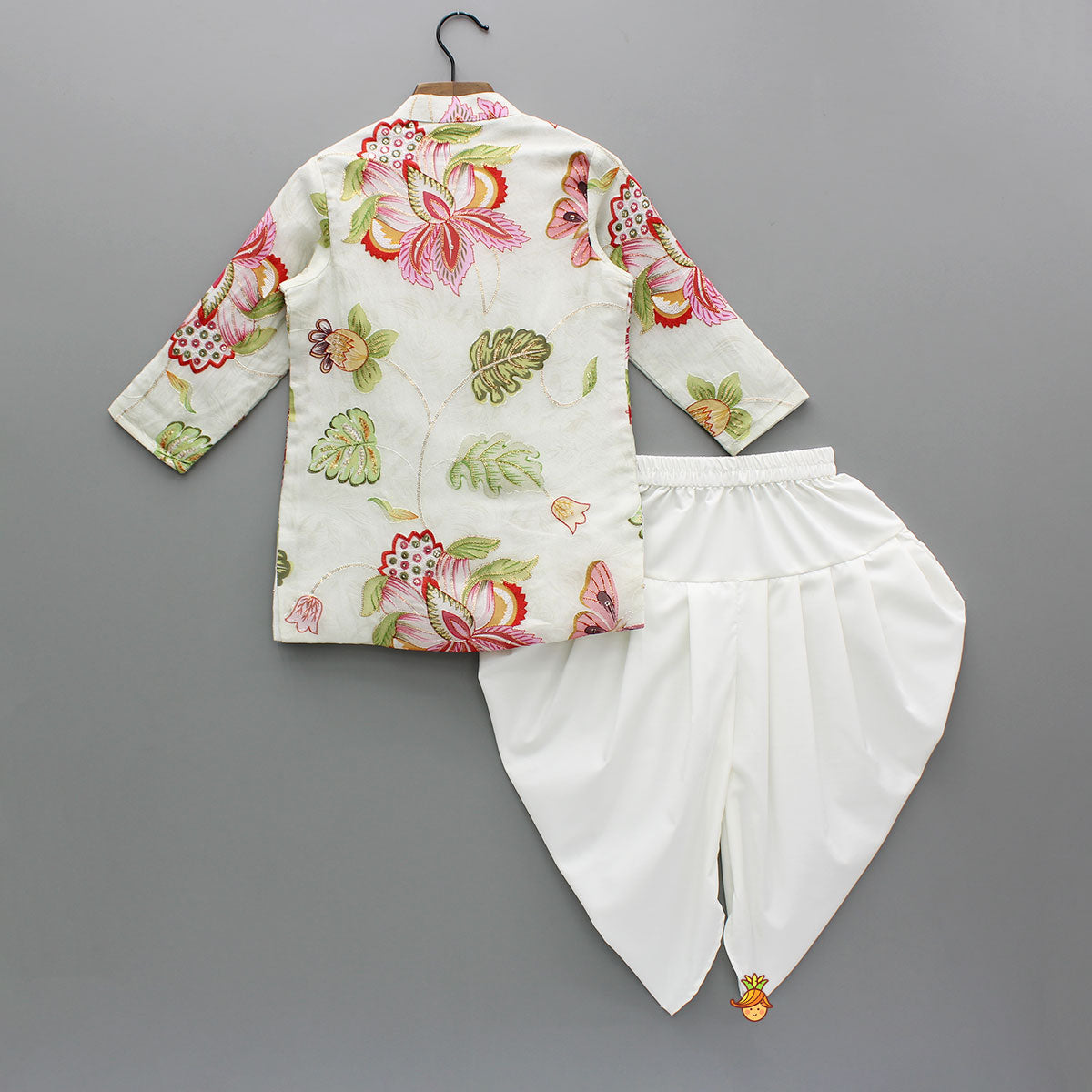 Ivory Floral Embroidered Organza Kurta With Dhoti