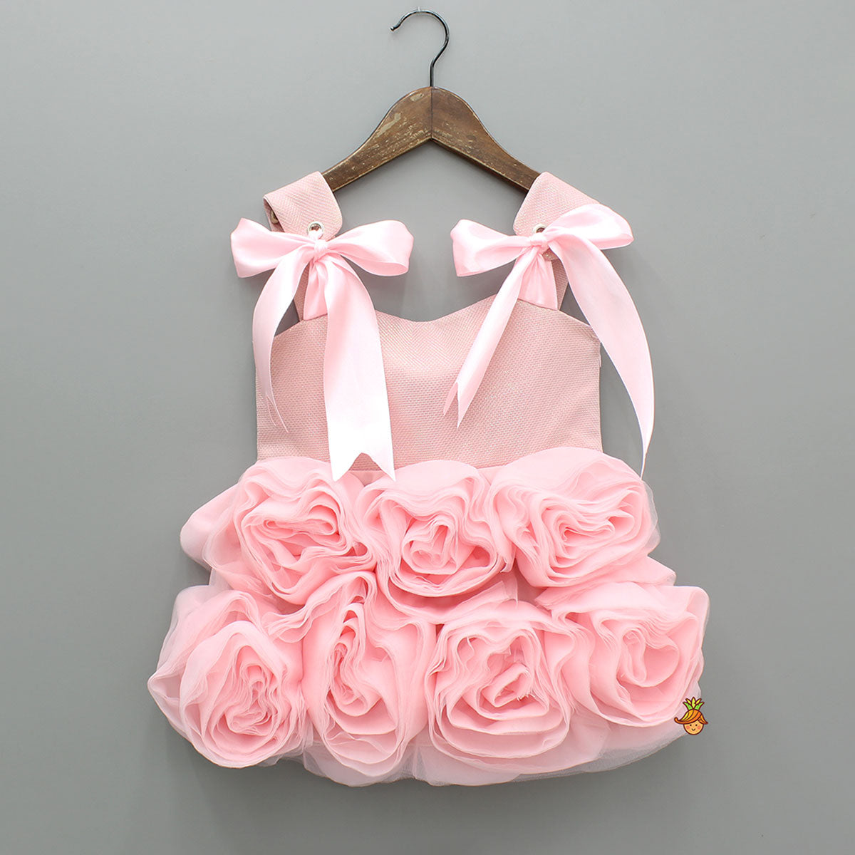 Flower Enhanced Shimmery Pink Ribbon Adorned Dress