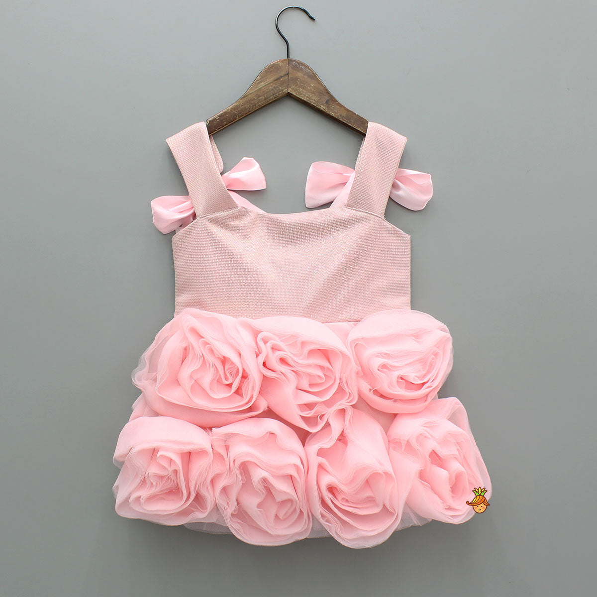 Flower Enhanced Shimmery Pink Ribbon Adorned Dress