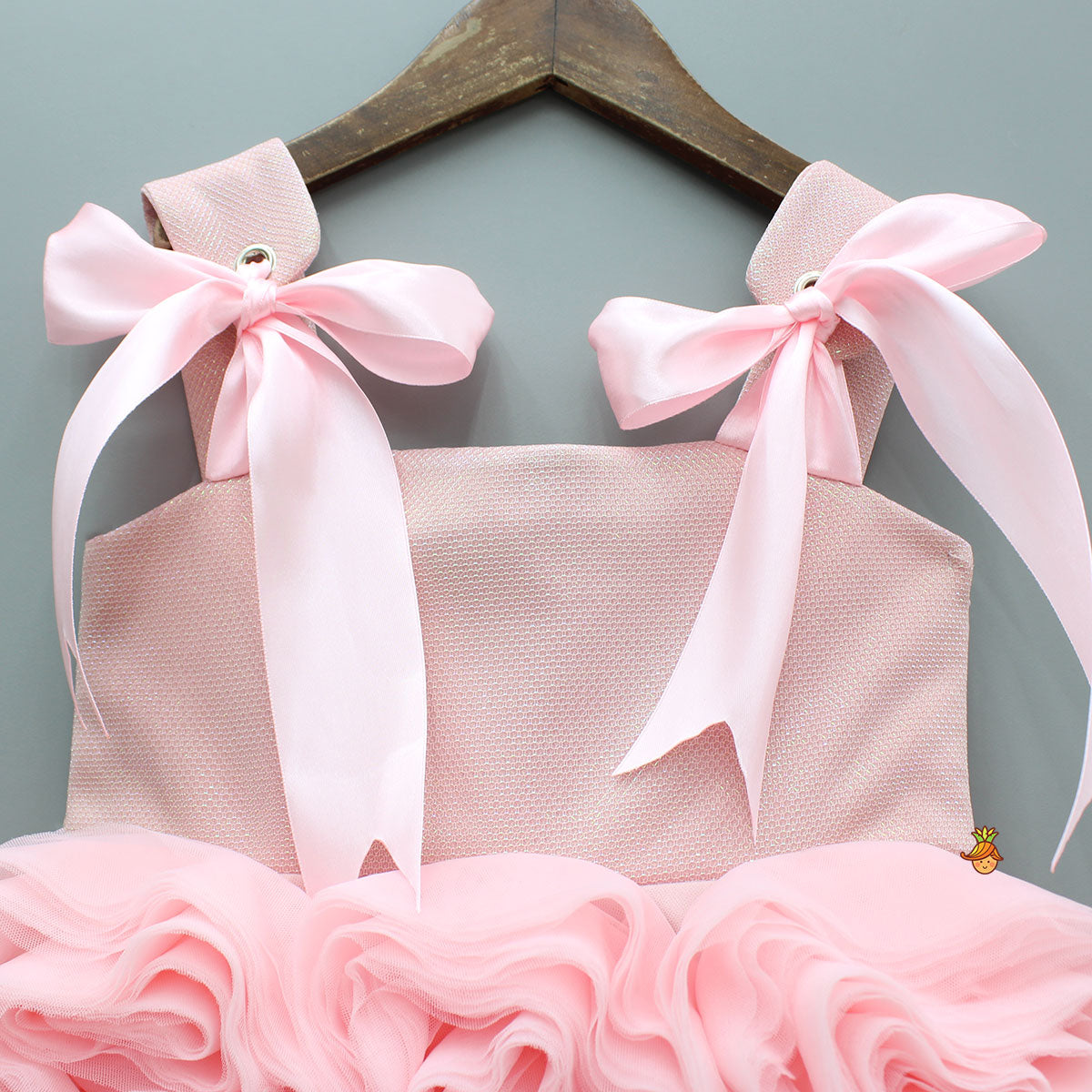 Flower Enhanced Shimmery Pink Ribbon Adorned Dress