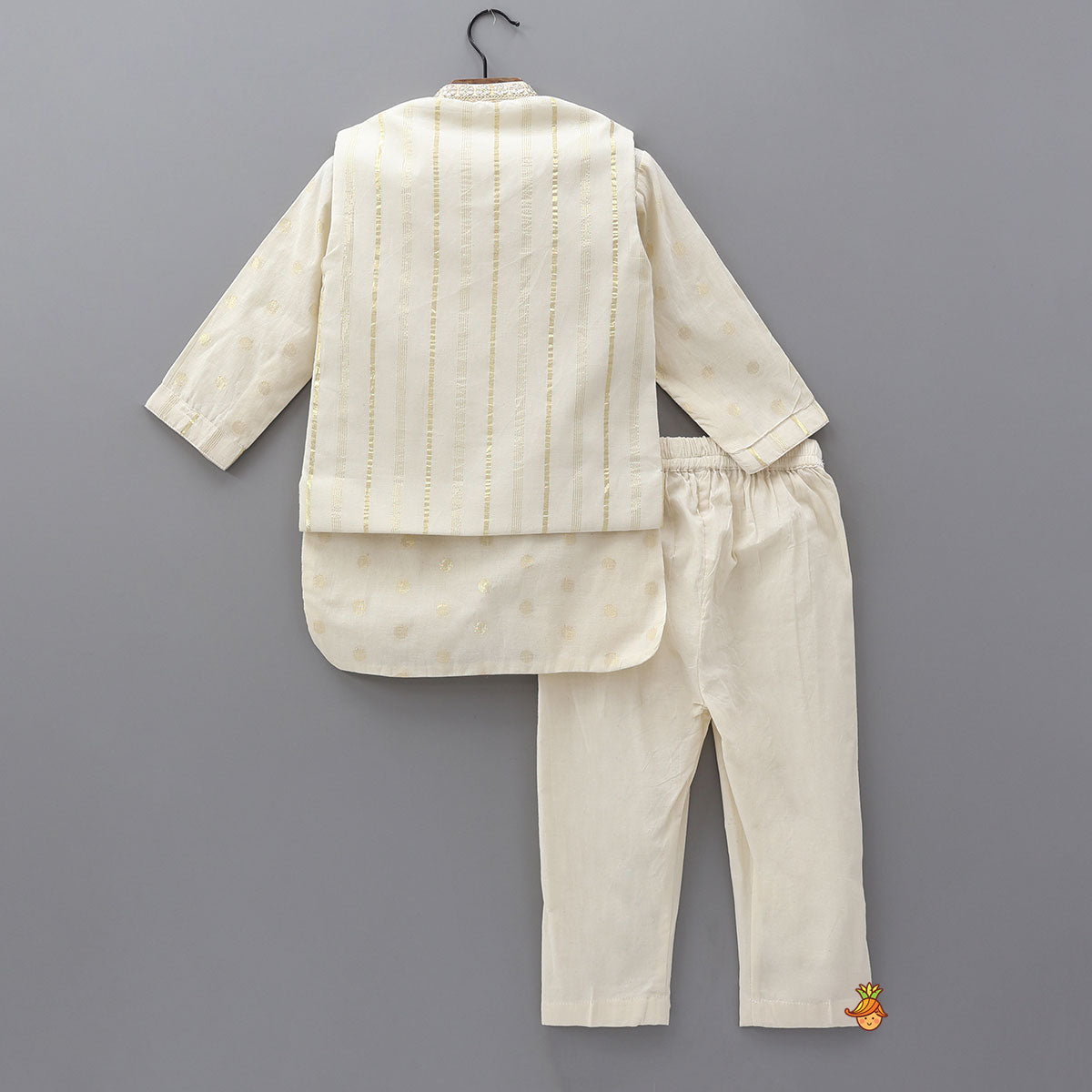 Off White Embroidered Cotton Kurta With Shimmery Pocket Square Jacket And Pyjama