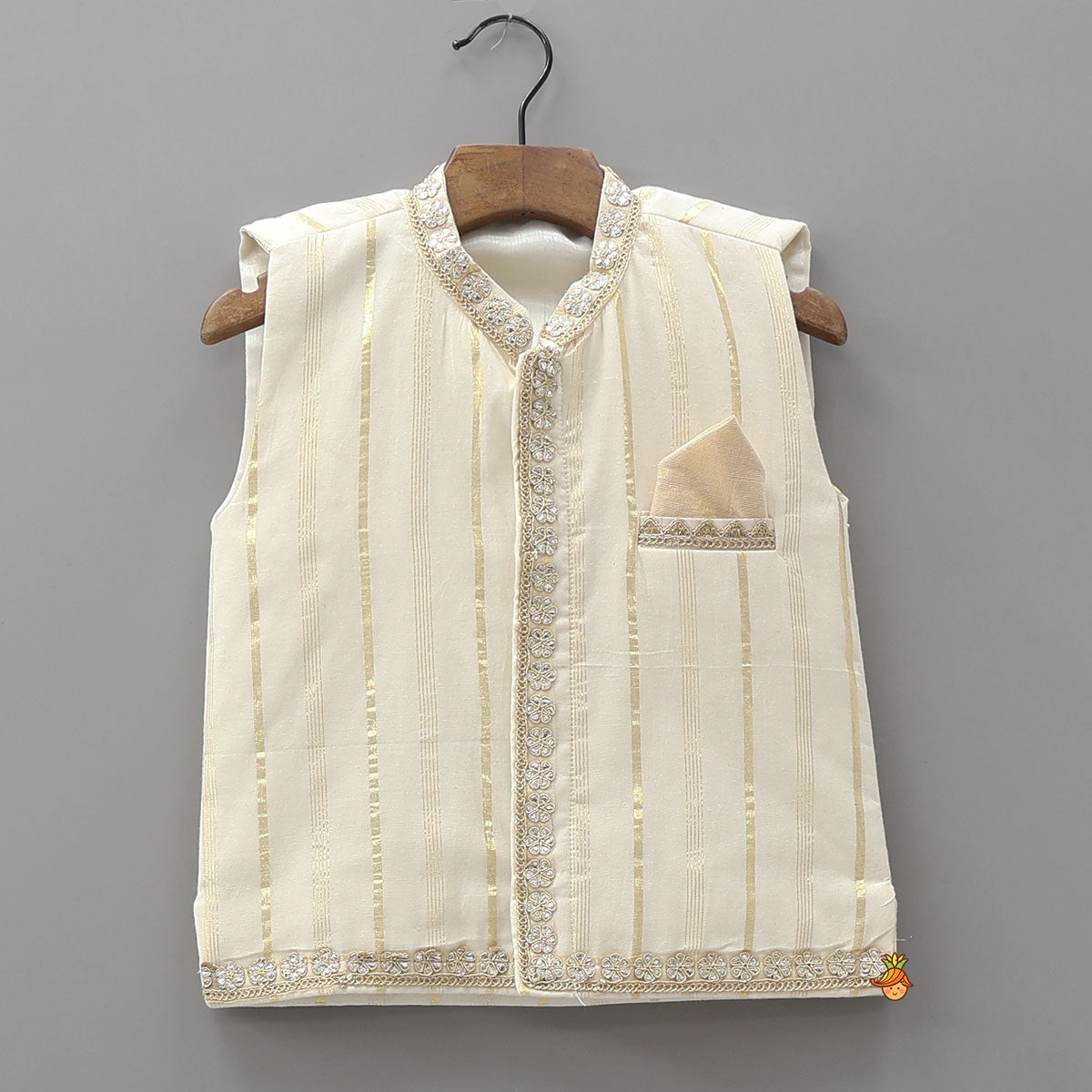 Off White Embroidered Cotton Kurta With Shimmery Pocket Square Jacket And Pyjama