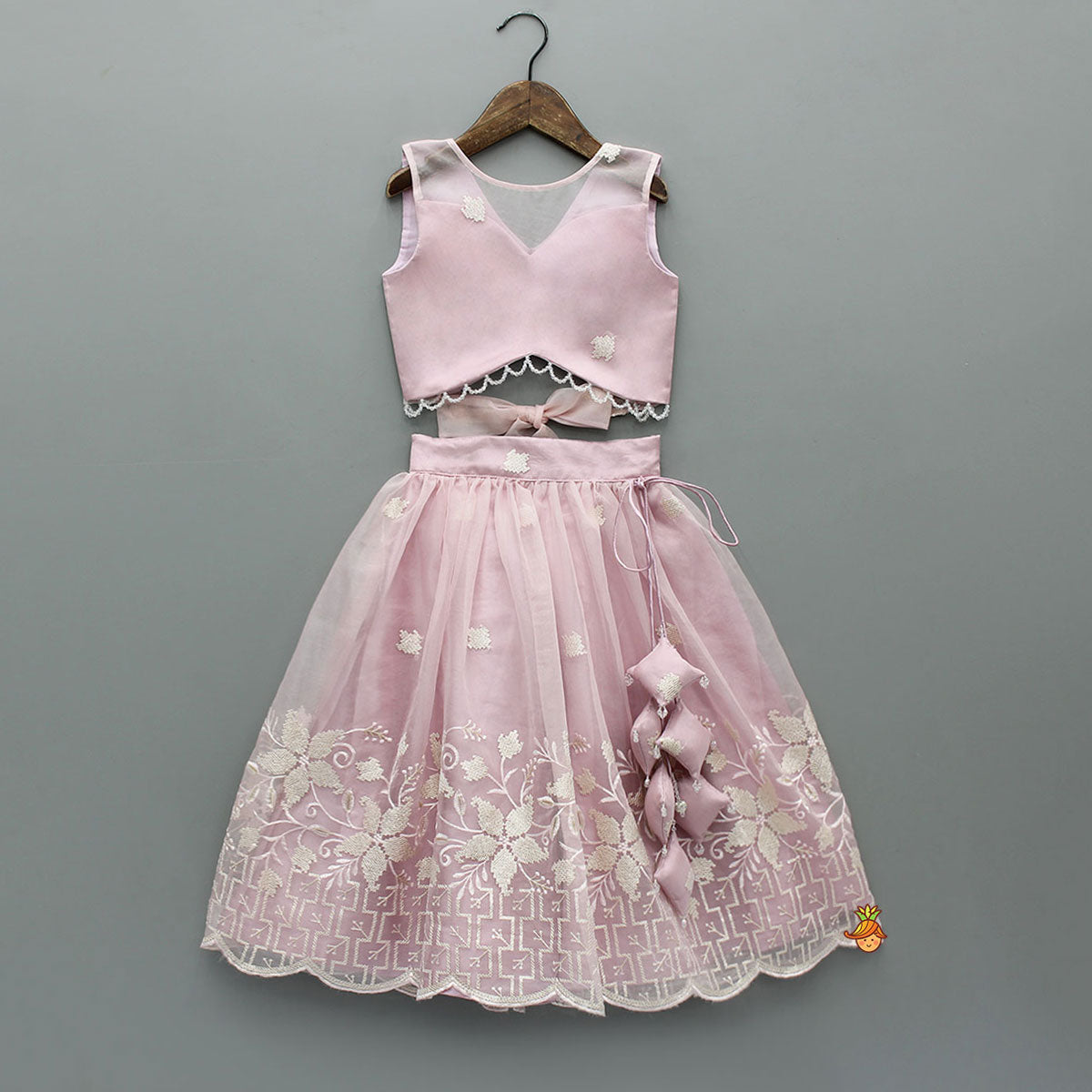 Pink Organza Crop Top With Lehenga
