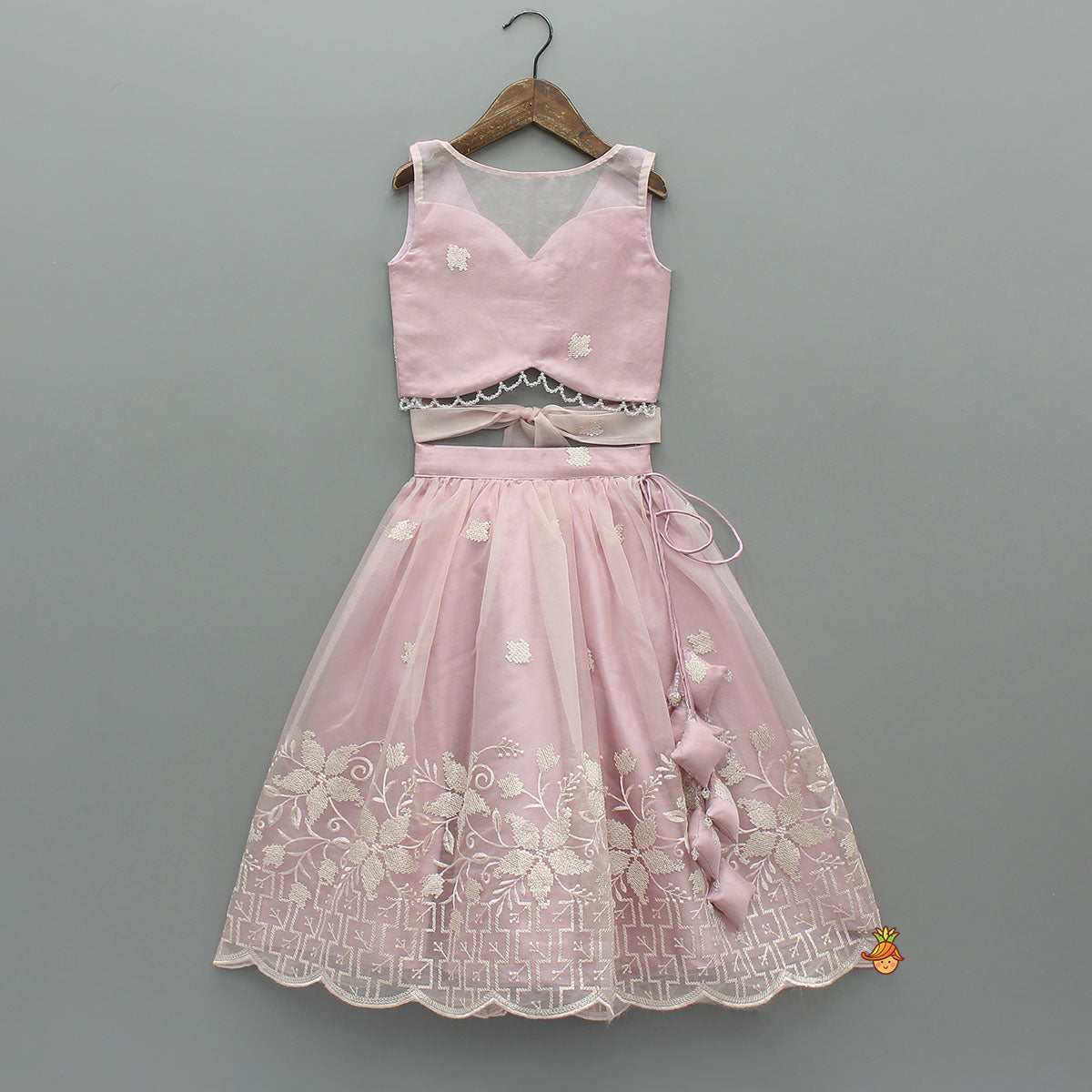 Pink Organza Crop Top With Lehenga