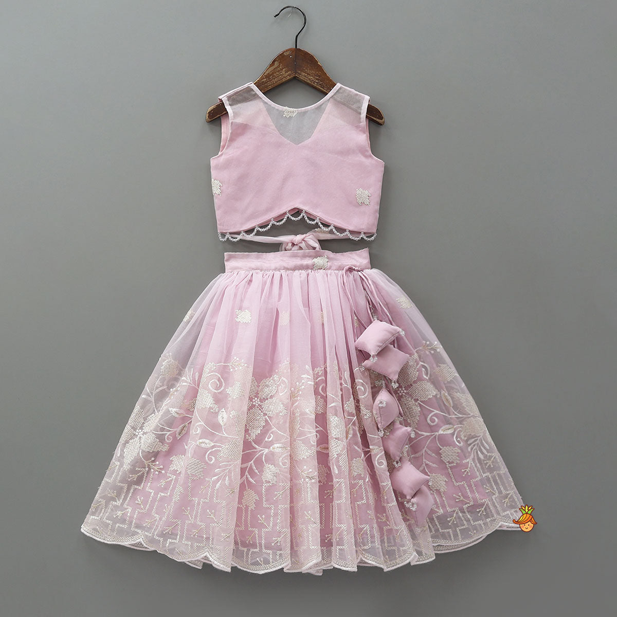 Pink Organza Crop Top With Lehenga