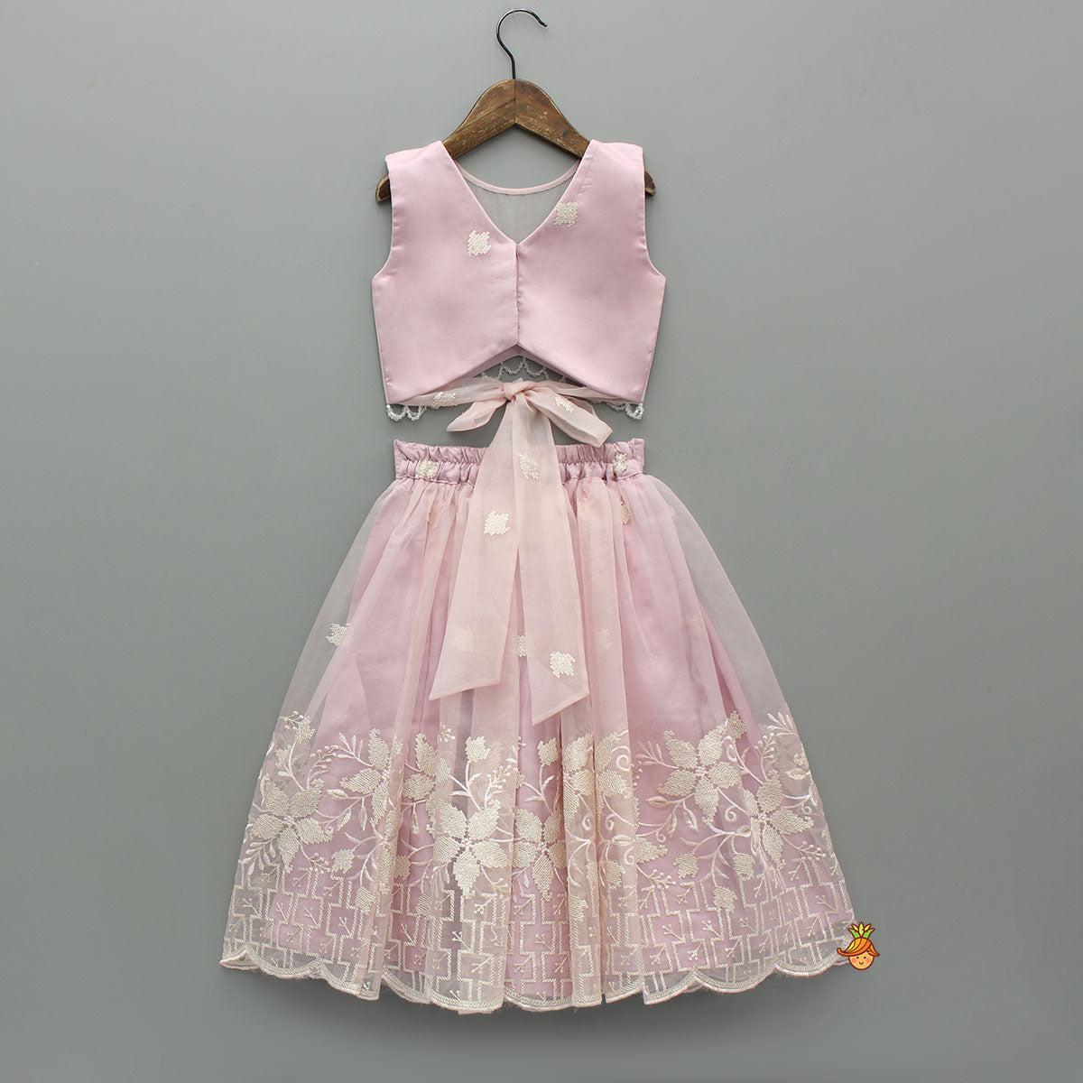 Pink Organza Crop Top With Lehenga