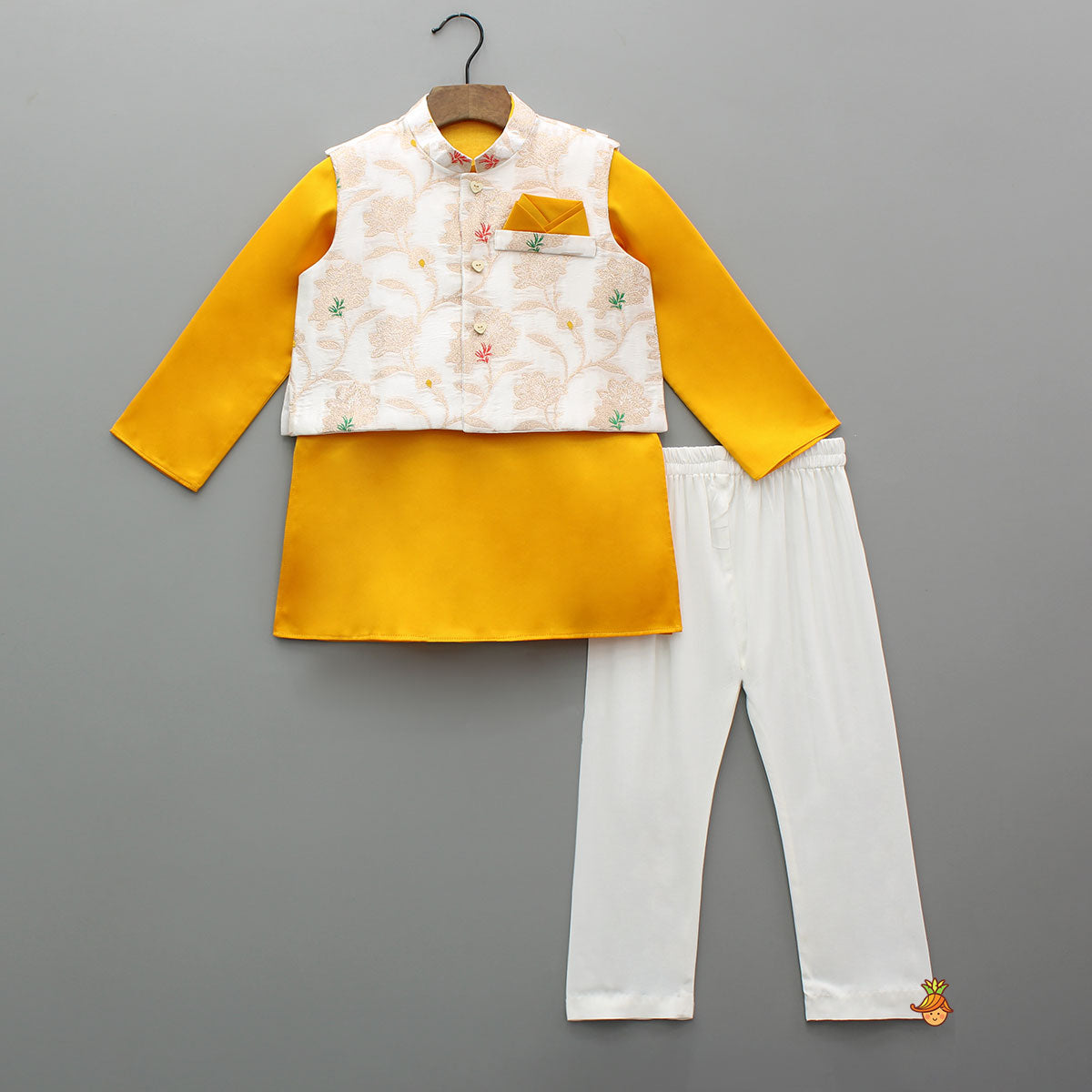 Yellow Kurta With Brocade Jacket And Pyjama