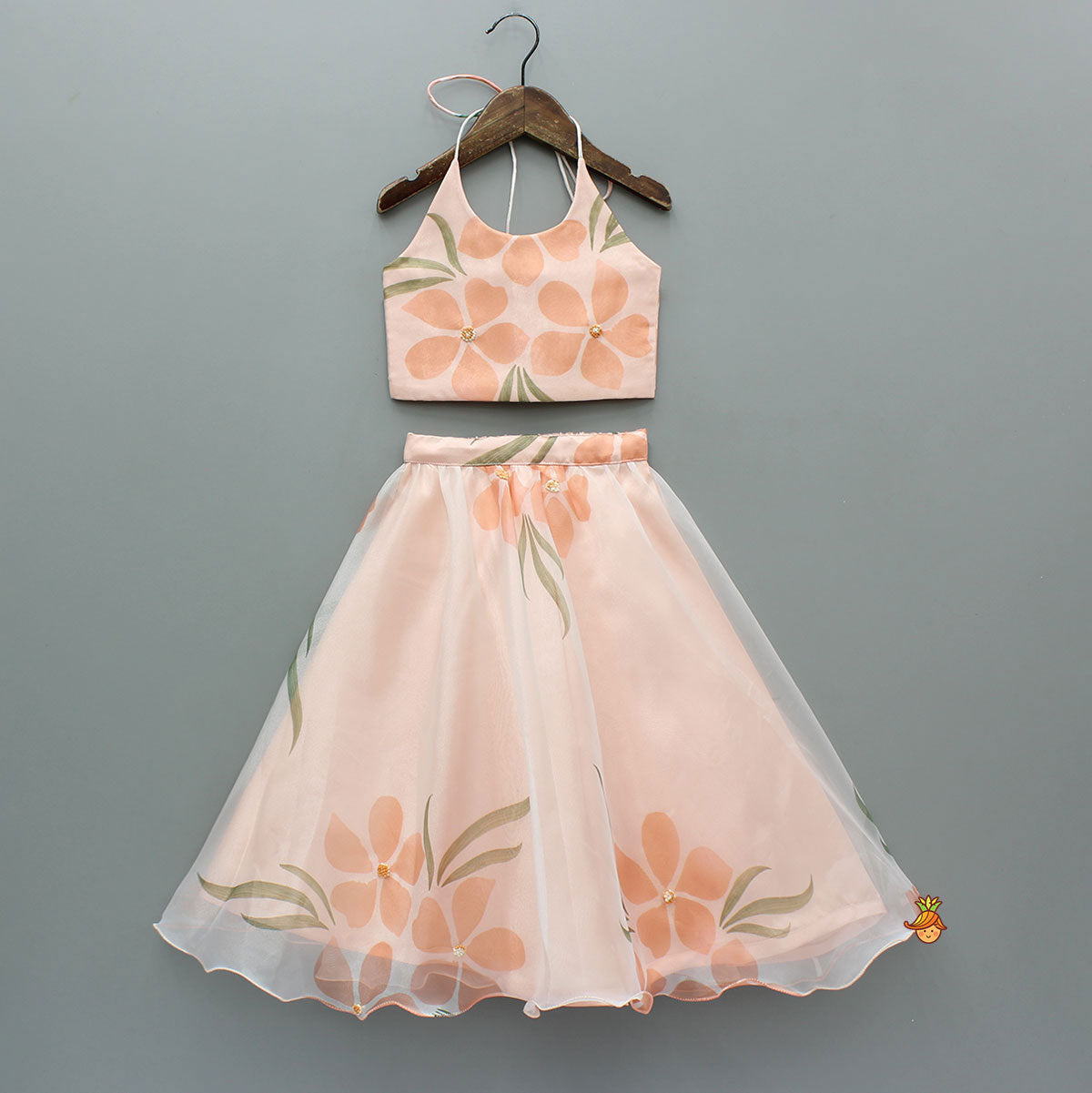 Peach Organza Floral Printed Halter Neck Top With Lehenga