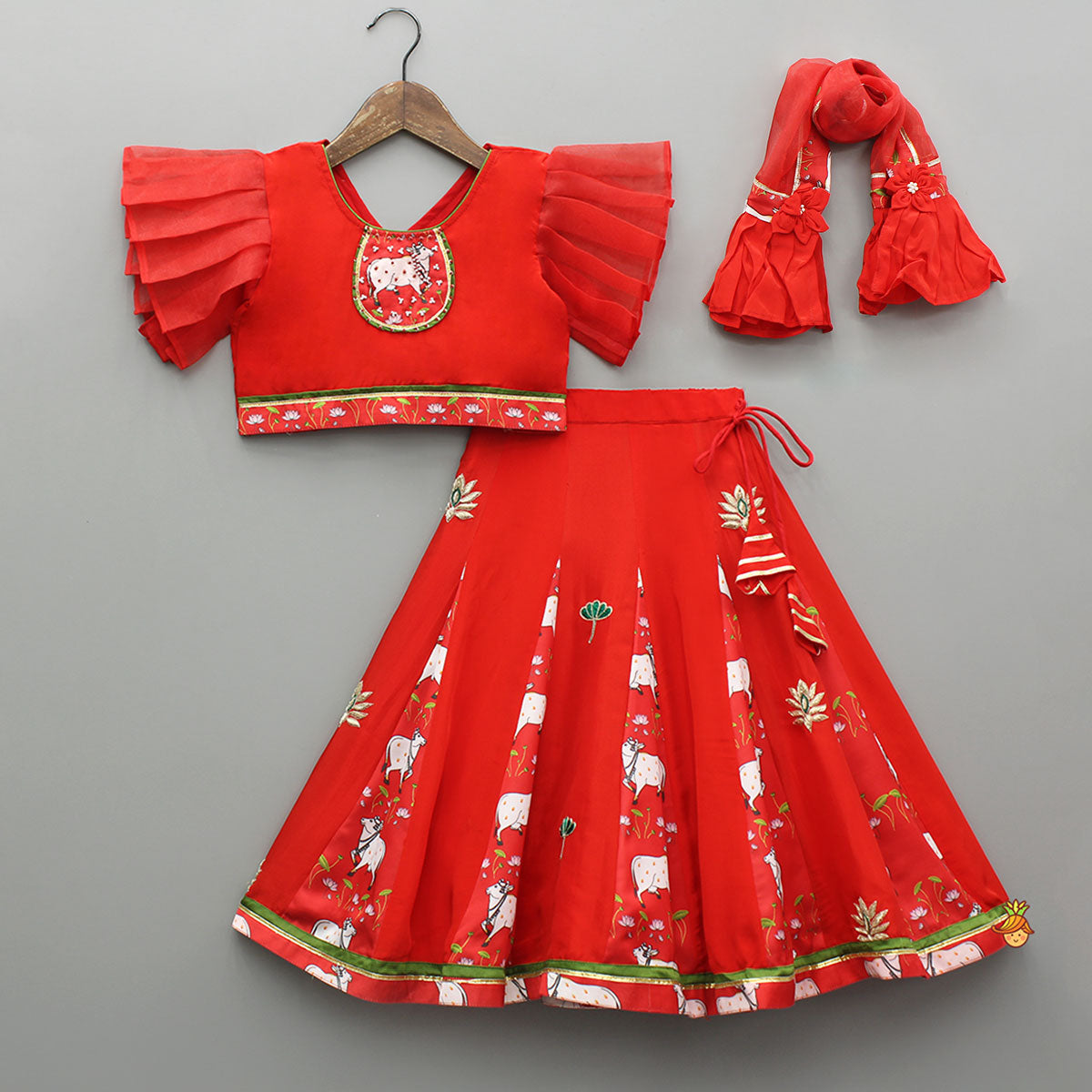 Red Applique Top With Matching Lehenga And Dupatta