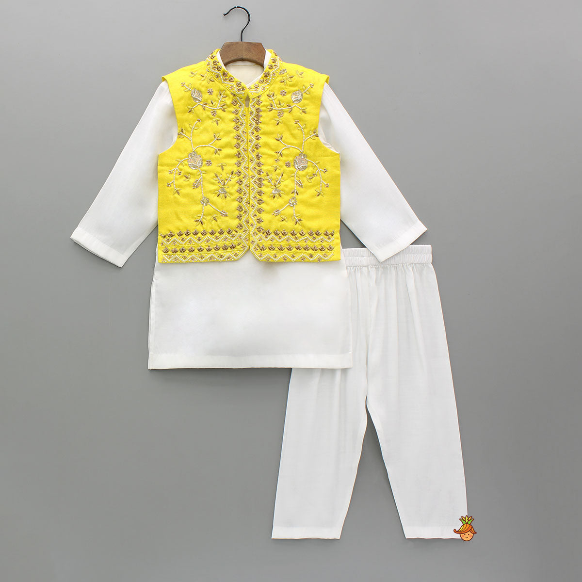 White Kurta With Zardozi Embroidered Sheen Yellow Jacket And Pyjama