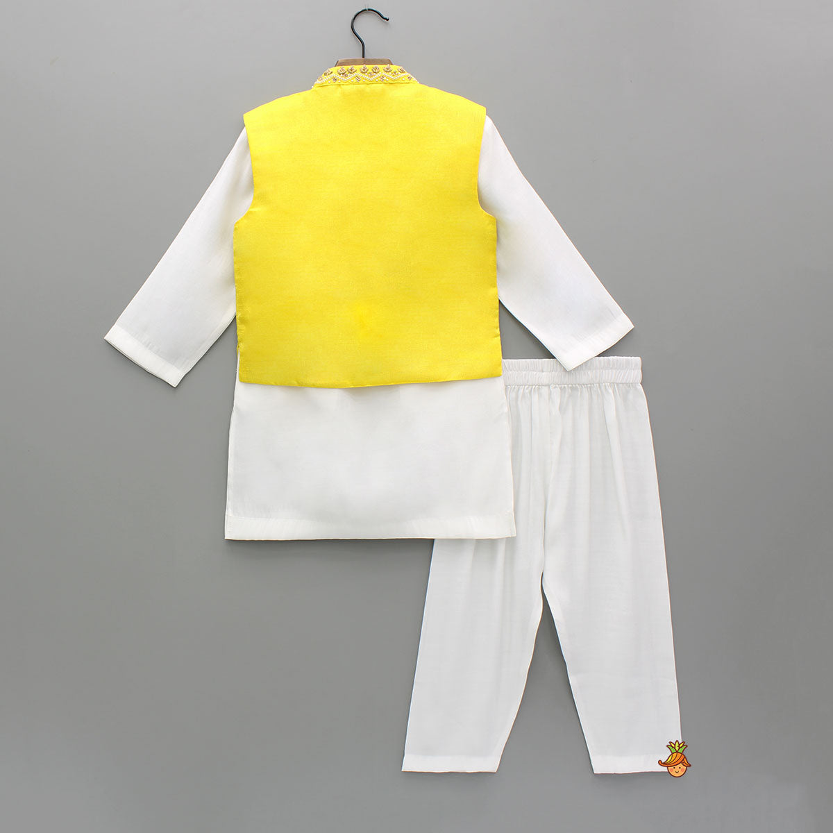 White Kurta With Zardozi Embroidered Sheen Yellow Jacket And Pyjama