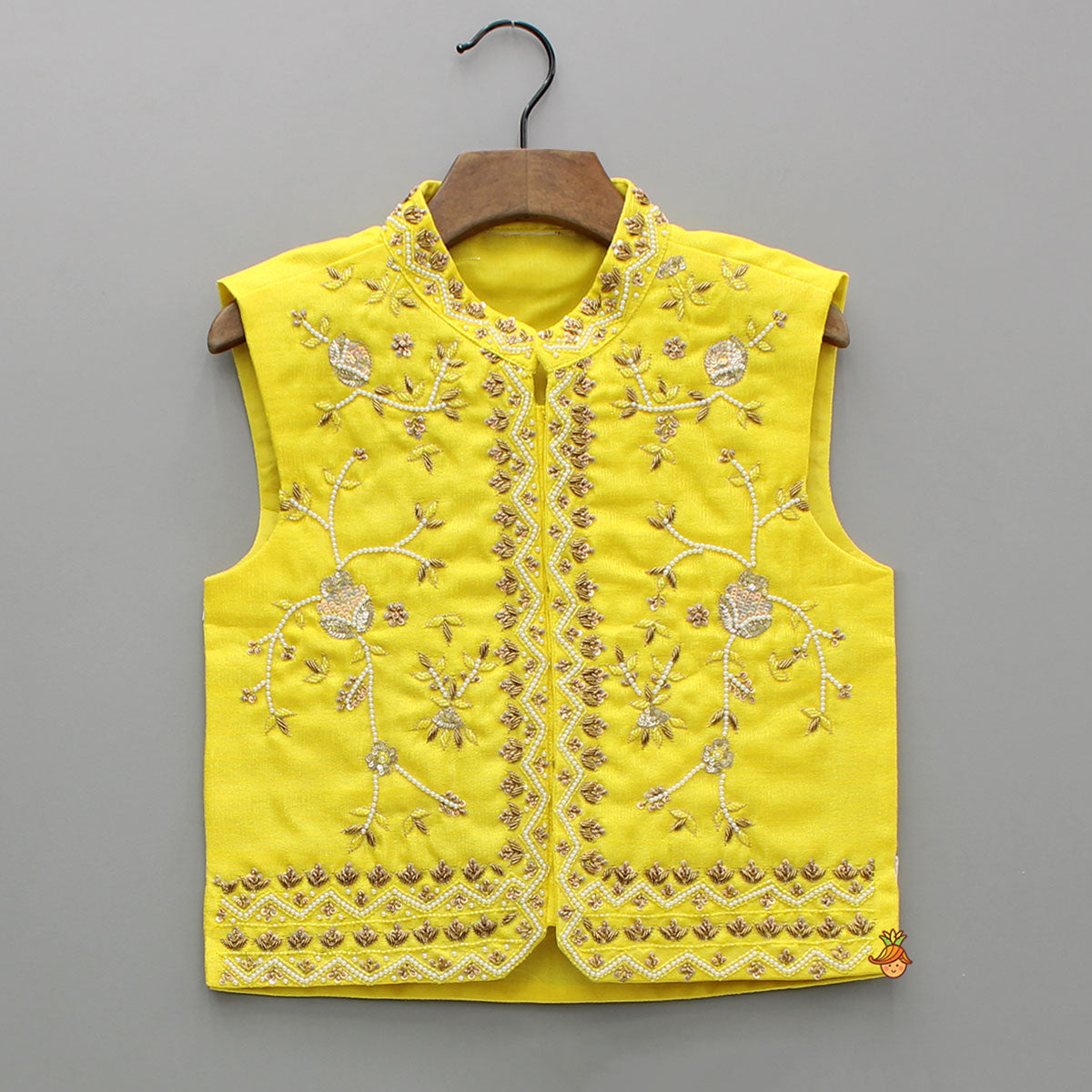 White Kurta With Zardozi Embroidered Sheen Yellow Jacket And Pyjama