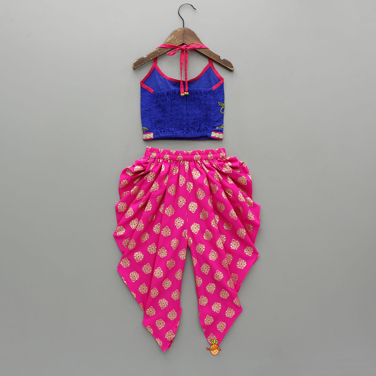 Floral Beaded Blue Halter Neck Top With Printed Dhoti