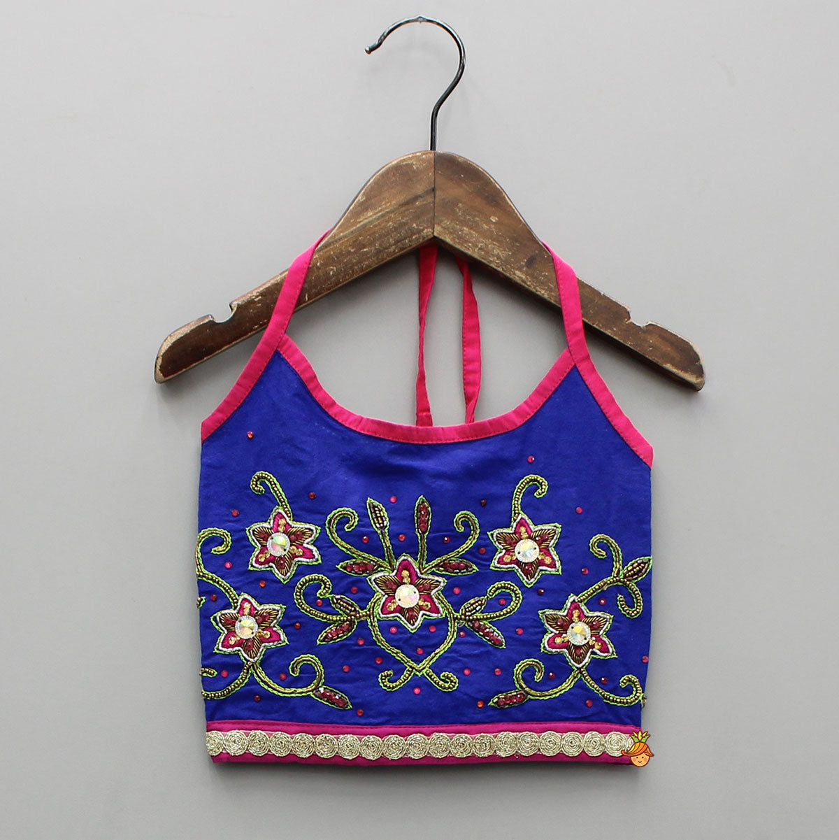 Floral Beaded Blue Halter Neck Top With Printed Dhoti