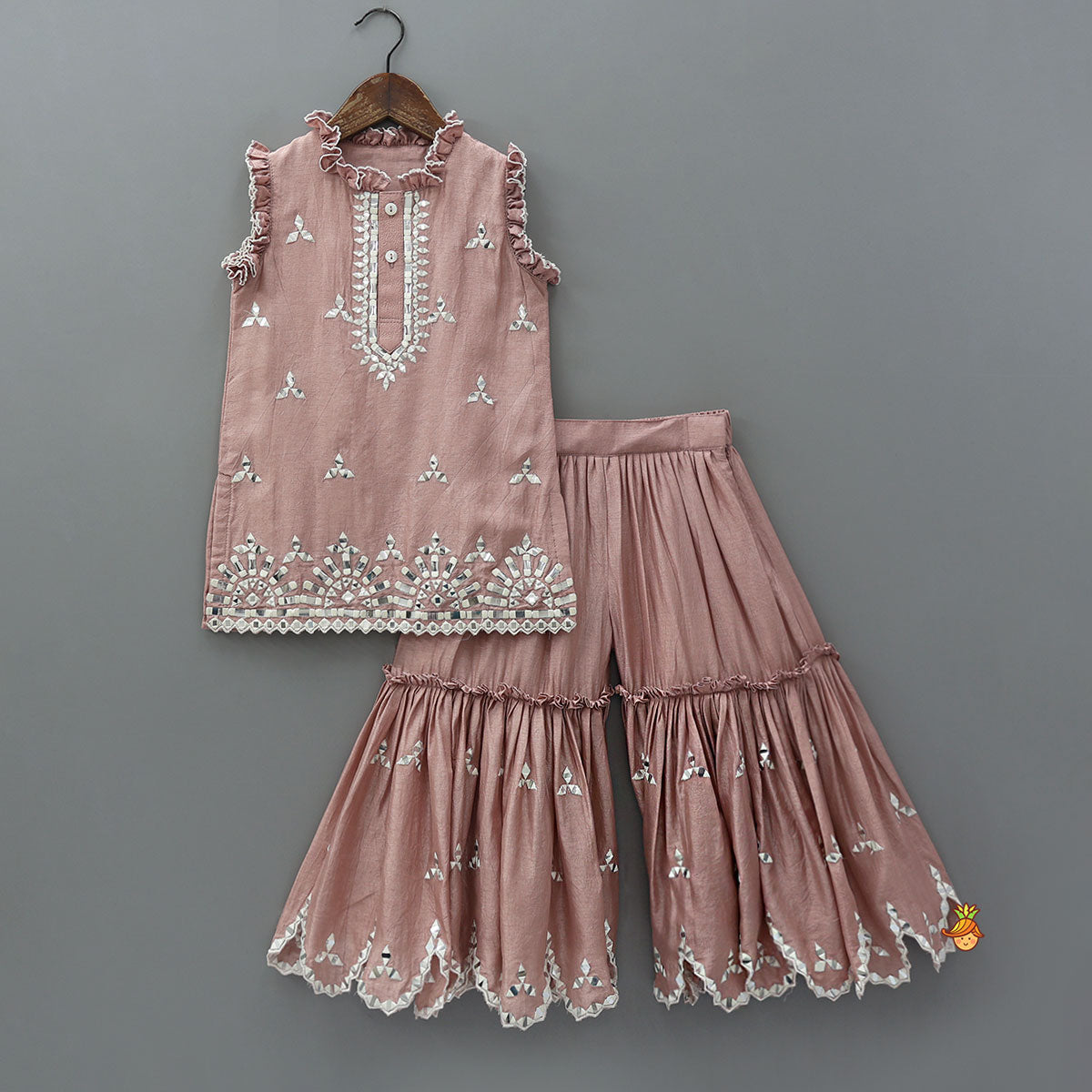 Pink Faux Mirror Embroidered Ruffle Detailed Kurti With Sharara