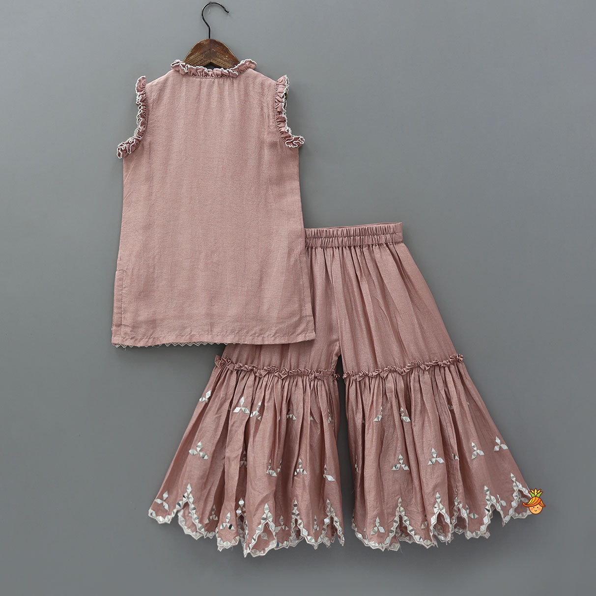 Pink Faux Mirror Embroidered Ruffle Detailed Kurti With Sharara