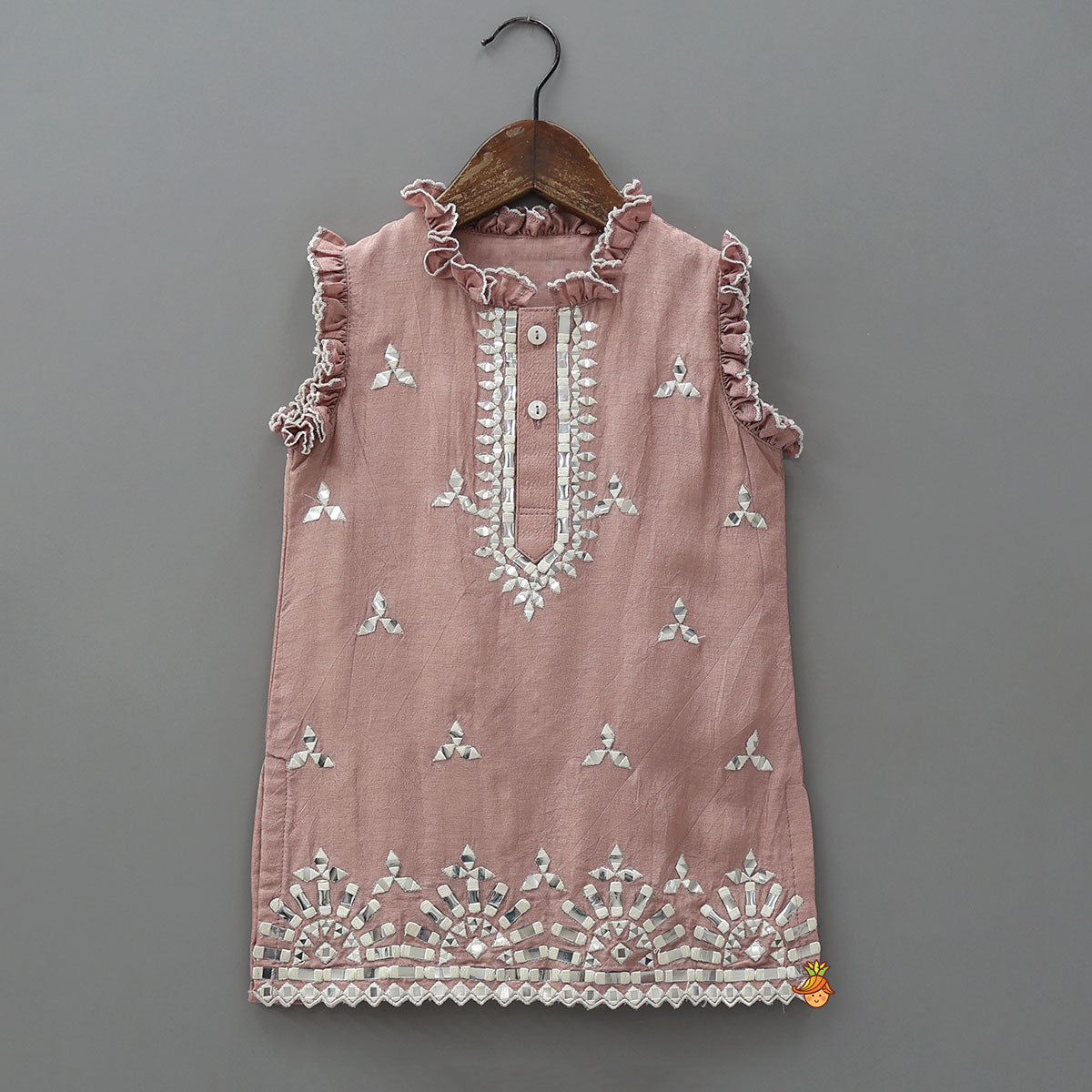 Pink Faux Mirror Embroidered Ruffle Detailed Kurti With Sharara