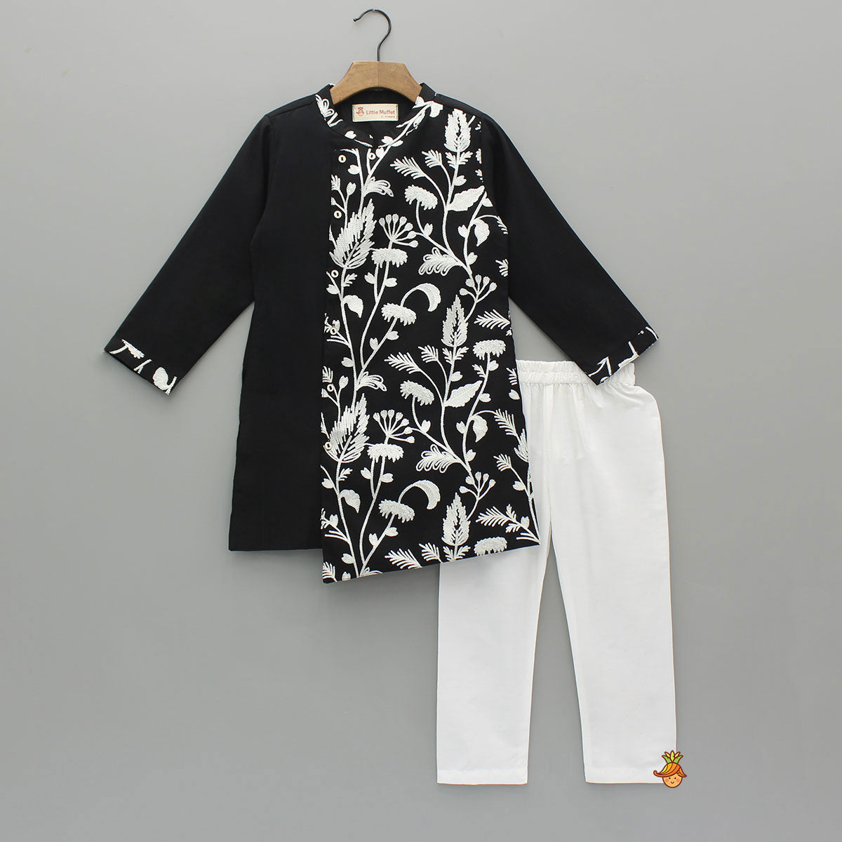 Stunning Black Asymmetric Floral Embroidered Kurta With Pyjama