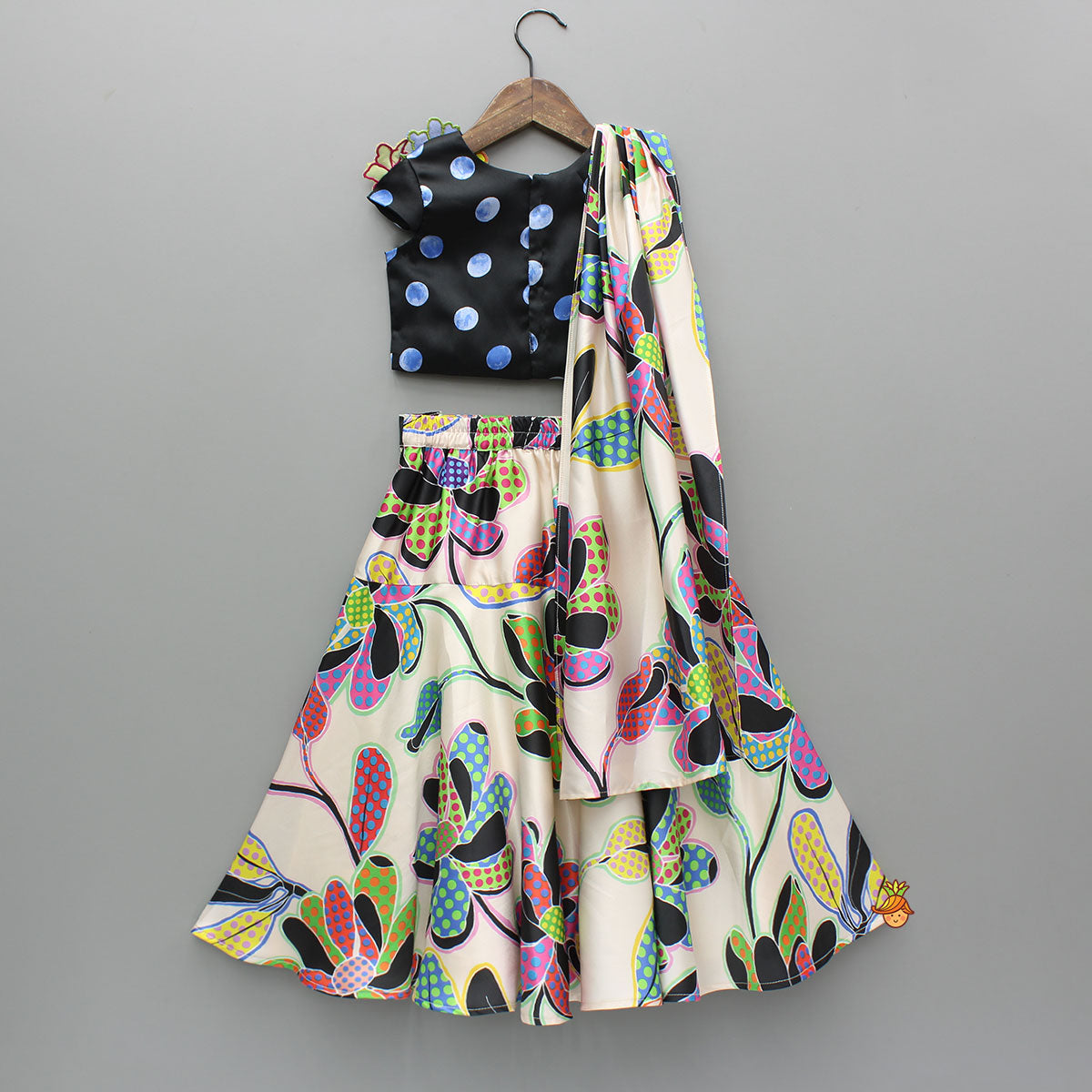 Colourful Flowers Embellished Pleated Black Top And Lehenga