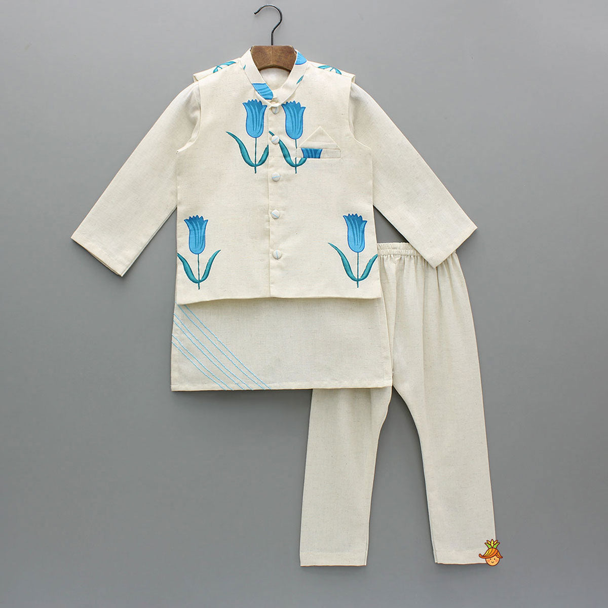 Off White Khadi Cotton Kurta With Blue Tulip Printed Jacket And Pyjama