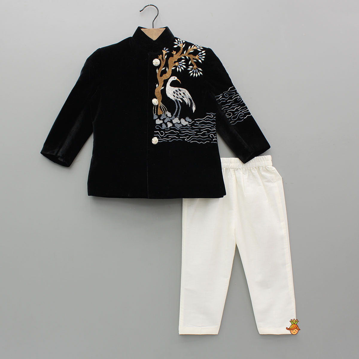 Black Velvet Embroidered Sherwani With Cream White Pyjama