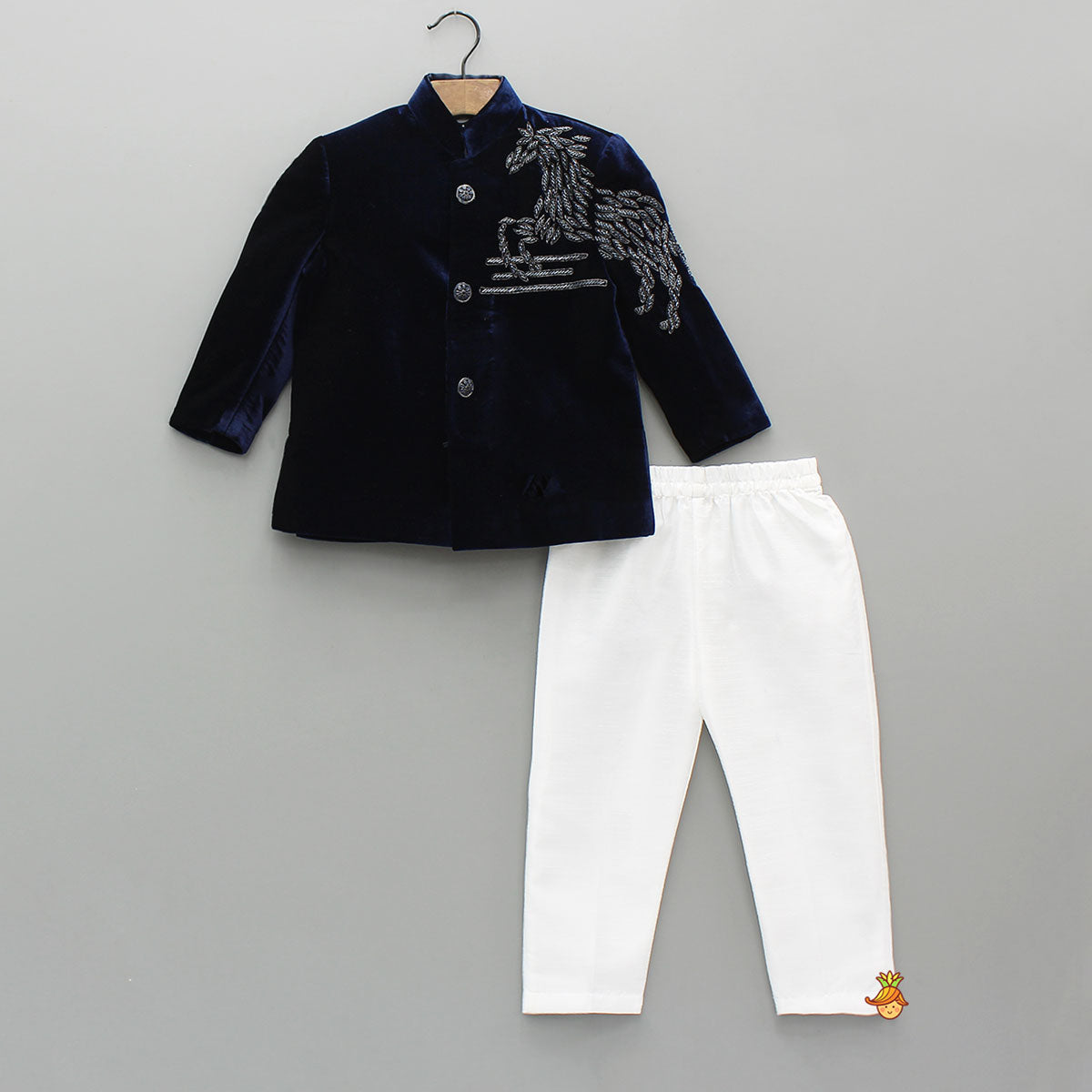 Stylish Embroidered Blue Velvet Sherwani With White Pyjama