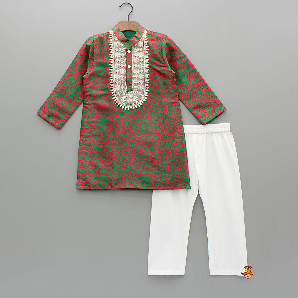 Sequins Lace Detailed Green And Pink Kurta With Pyjama