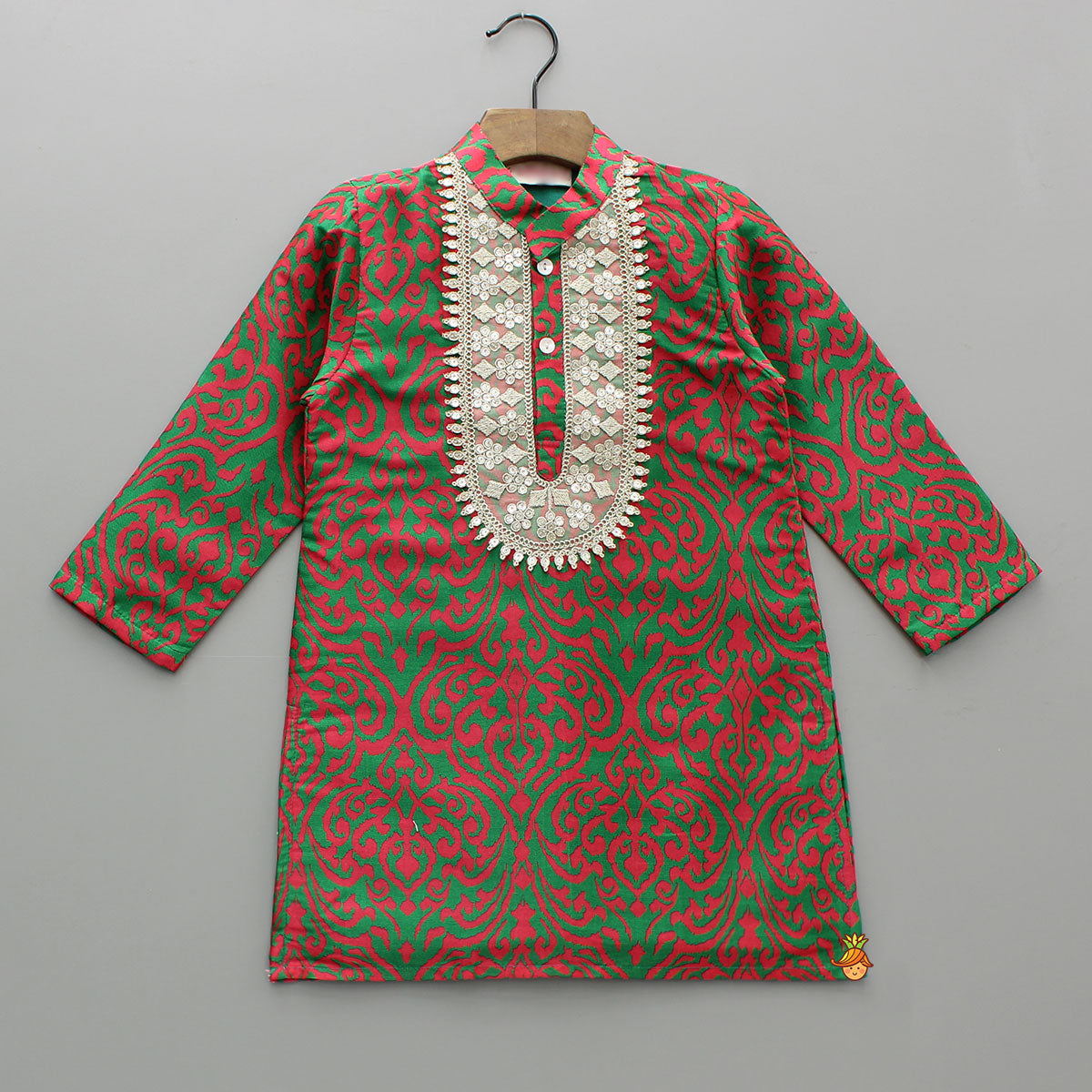 Sequins Lace Detailed Green And Pink Kurta With Pyjama