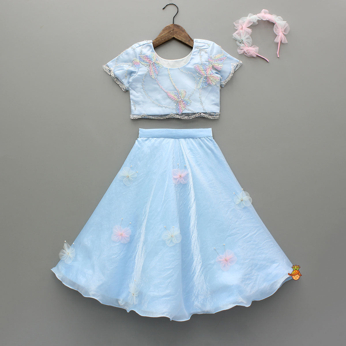 Cute Butterfly Embroidered Blue Top With Embellished Lehenga And Hairband