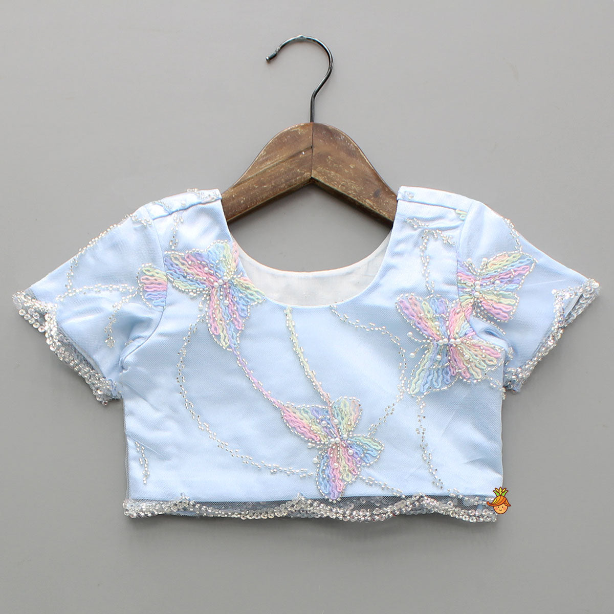 Cute Butterfly Embroidered Blue Top With Embellished Lehenga And Hairband